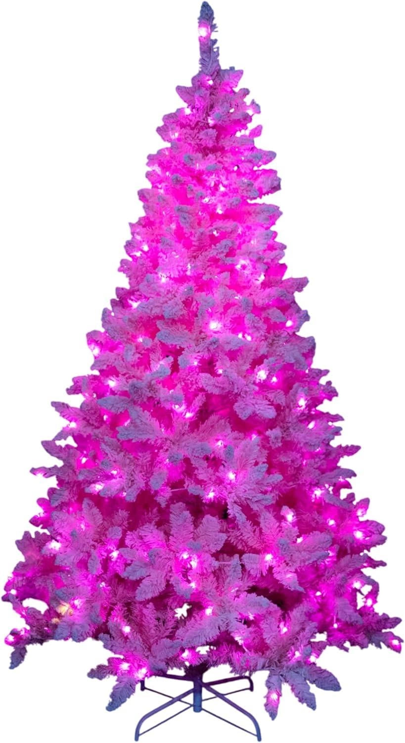 6Ft Christmas Tree Prelit Snow Flock Pink LED Artificial Pine Holiday Home Decor