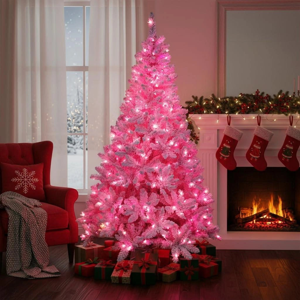 7Ft Christmas Tree Prelit Snow Flock Pink LED Artificial Pine Holiday Home Decor