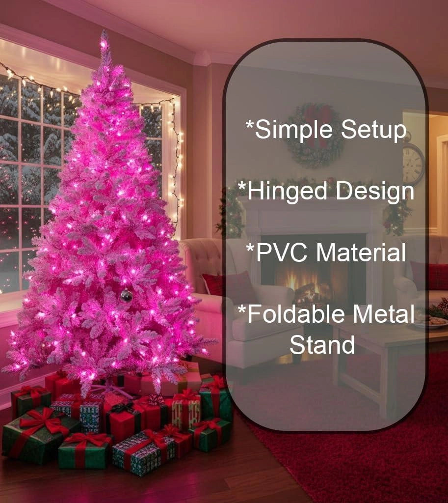 7Ft Christmas Tree Prelit Snow Flock Pink LED Artificial Pine Holiday Home Decor