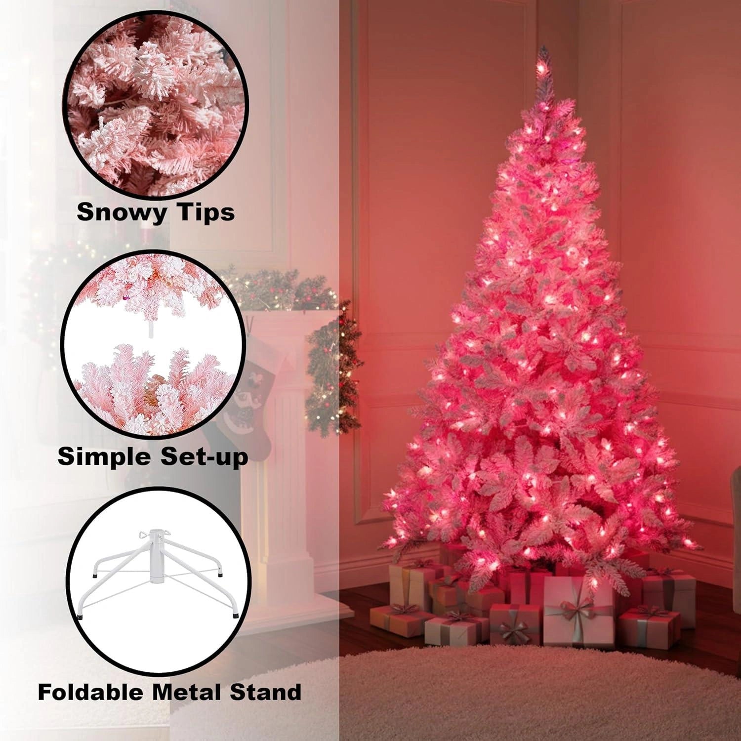 8Ft Christmas Tree Prelit Snow Flock Pink LED Artificial Pine Holiday Home Decor
