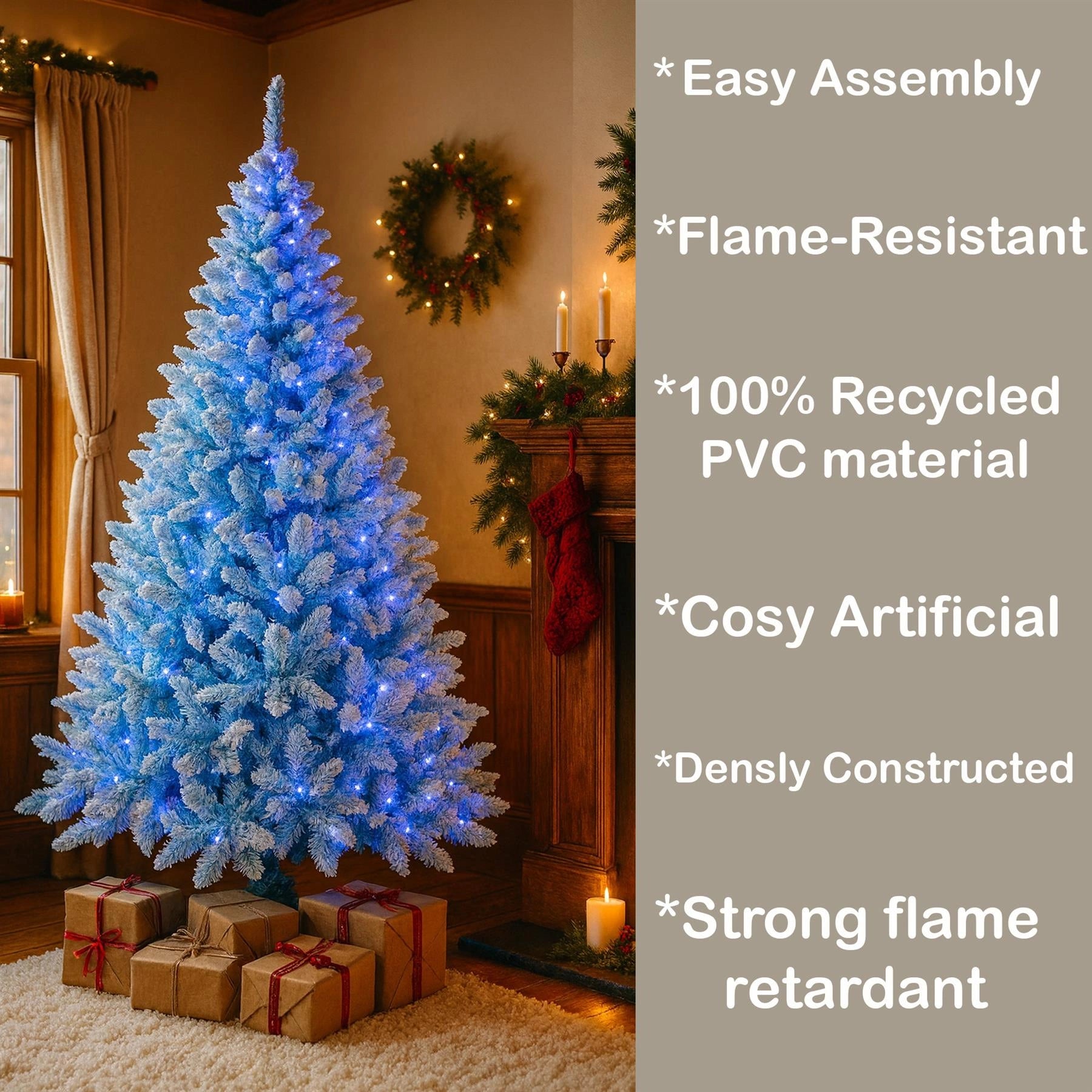 5Ft Christmas Tree Prelit Snow Flock Blue LED Artificial Pine Holiday Home Decor