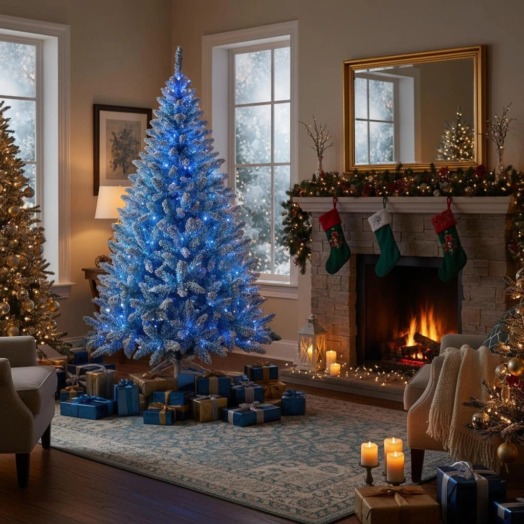 6Ft Christmas Tree Prelit Snow Flock Blue LED Artificial Pine Holiday Home Decor