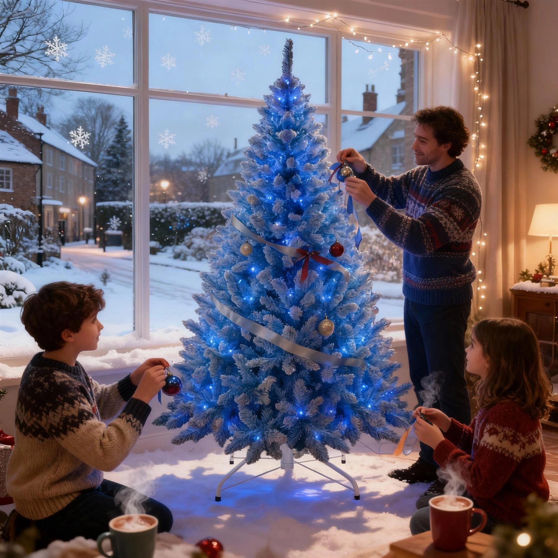 7Ft Christmas Tree Prelit Snow Flock Blue LED Artificial Pine Holiday Home Decor