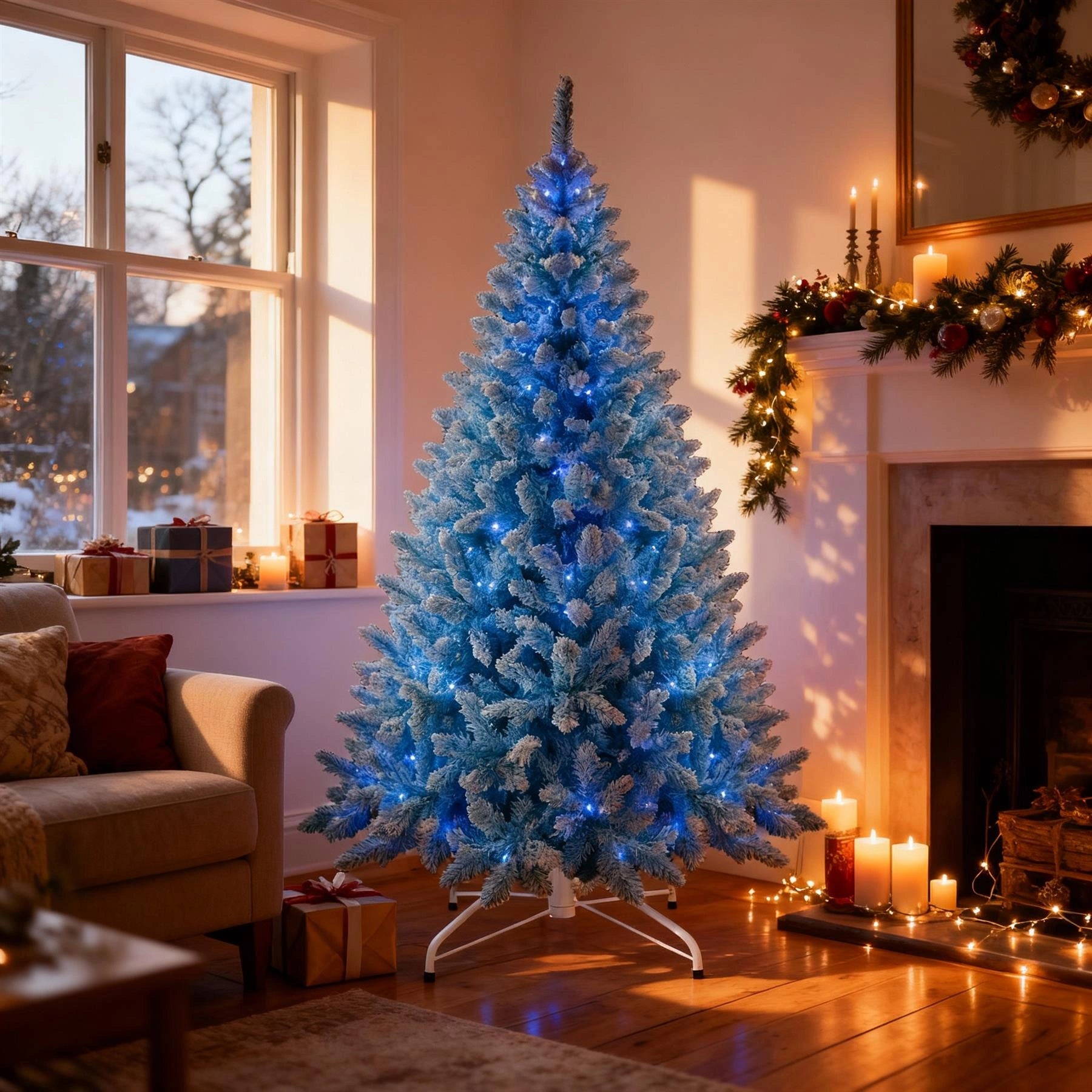 7Ft Christmas Tree Prelit Snow Flock Blue LED Artificial Pine Holiday Home Decor