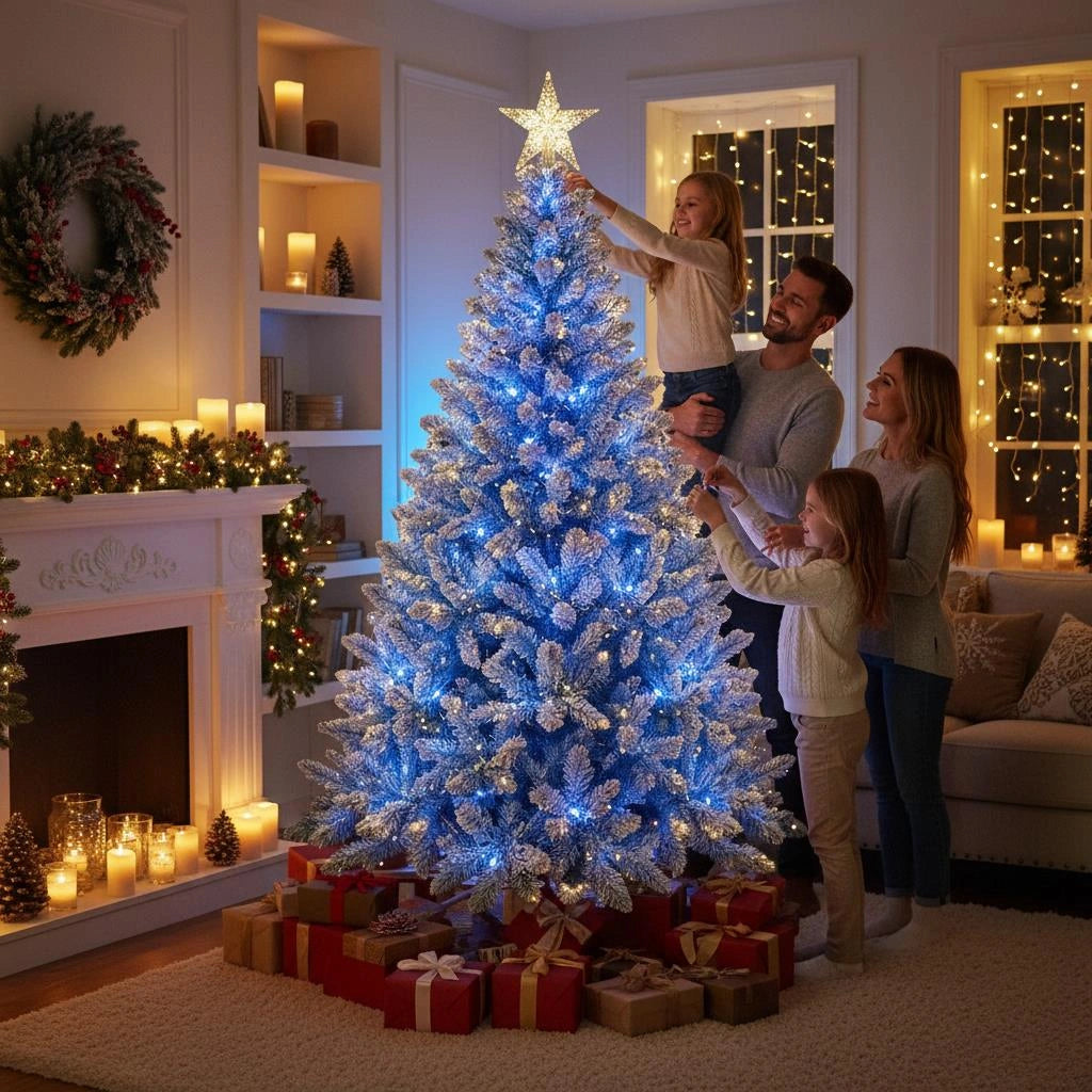 7Ft Christmas Tree Prelit Snow Flock Blue LED Artificial Pine Holiday Home Decor