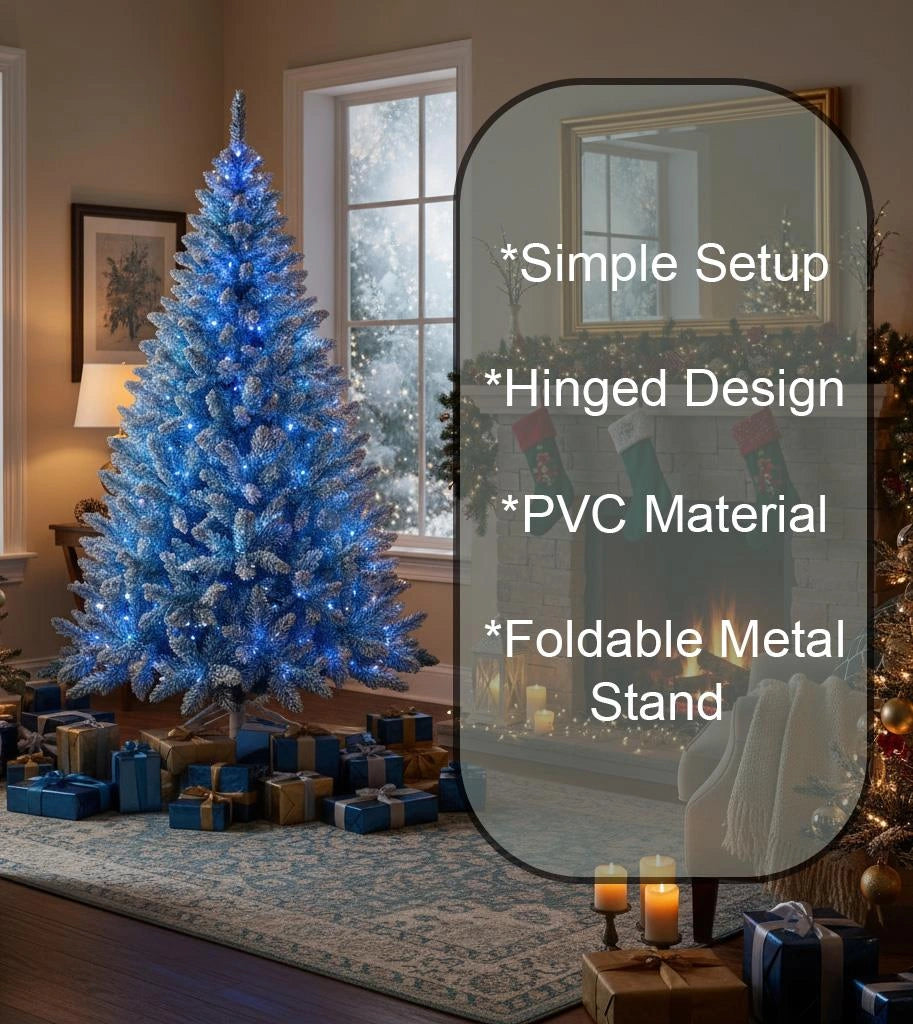 7Ft Christmas Tree Prelit Snow Flock Blue LED Artificial Pine Holiday Home Decor