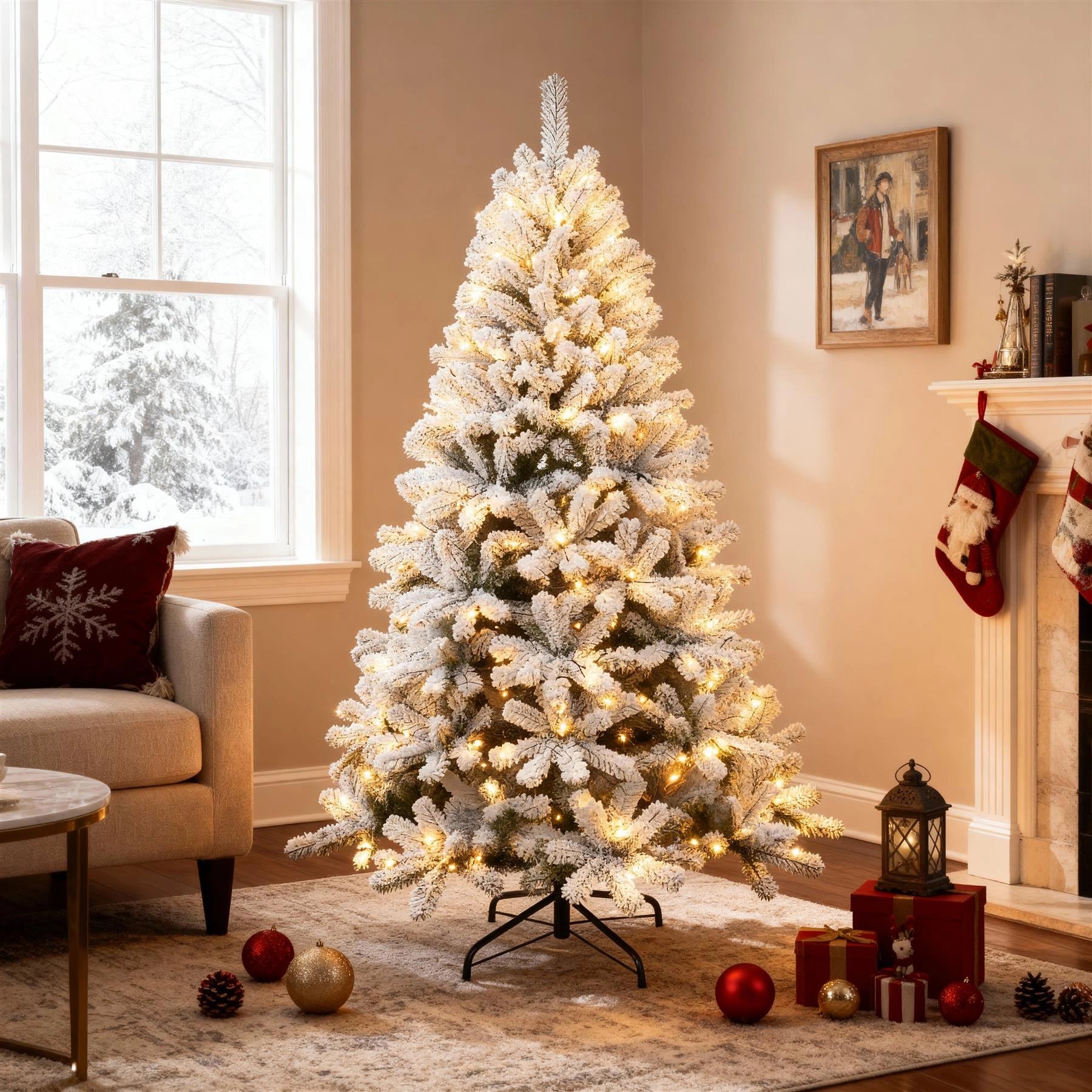 4FT Prelit Christmas Tree Green Artificial Snowy Yukon Pine LED Light Xmas Decor
