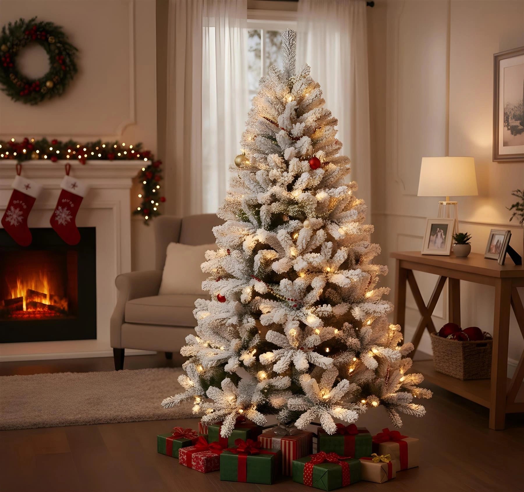 7FT Prelit Christmas Tree Green Artificial Snowy Yukon Pine LED Light Xmas Decor