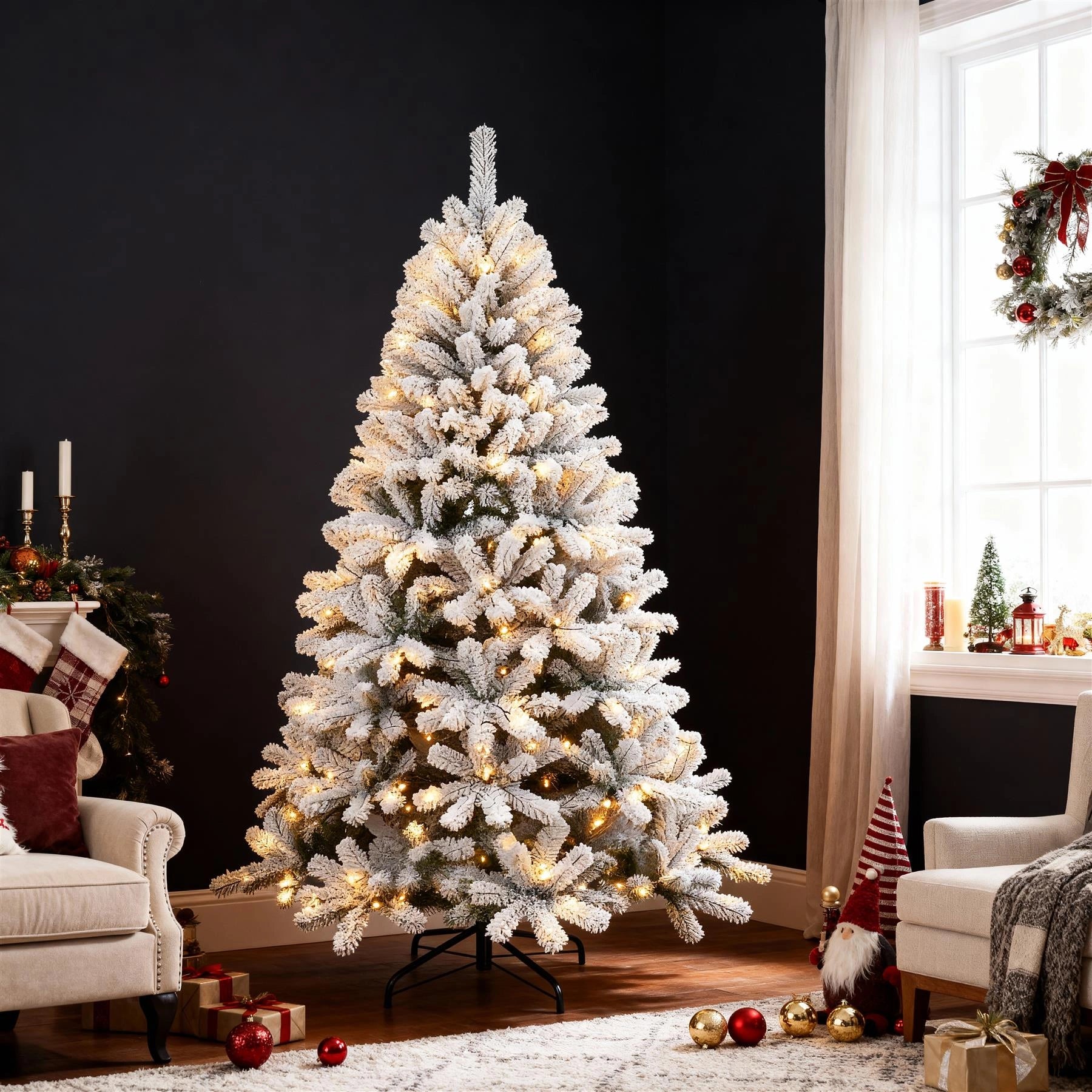7FT Prelit Christmas Tree Green Artificial Snowy Yukon Pine LED Light Xmas Decor