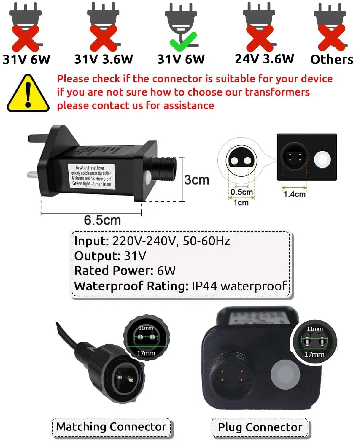 Transformer Plug for Christmas Lights 31v/6W Adapter with Timer Function, 8 Light Modes, Memory Function, IP44