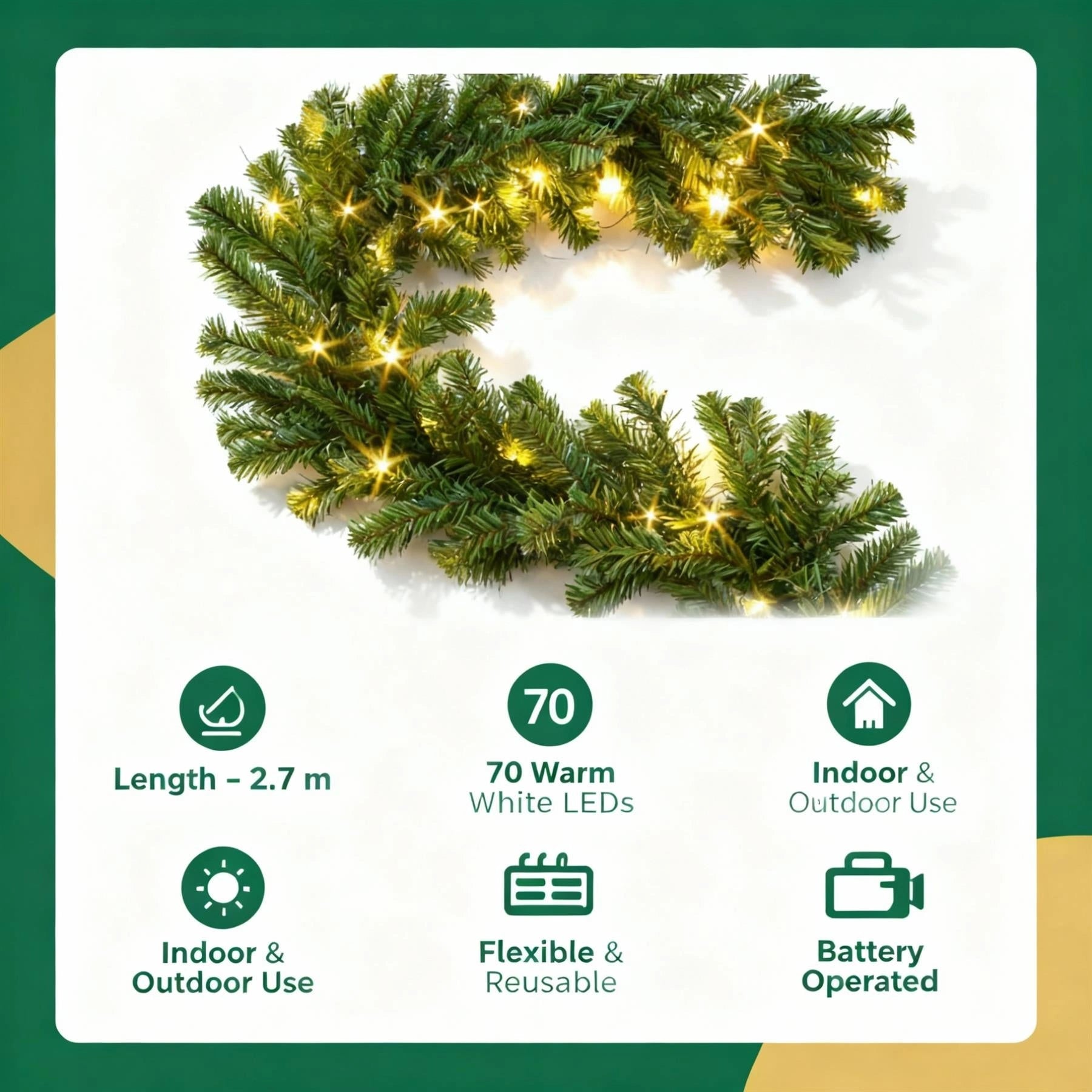 2.7m Alaskan Prelit Green Garland 70LEDs Battery Operated