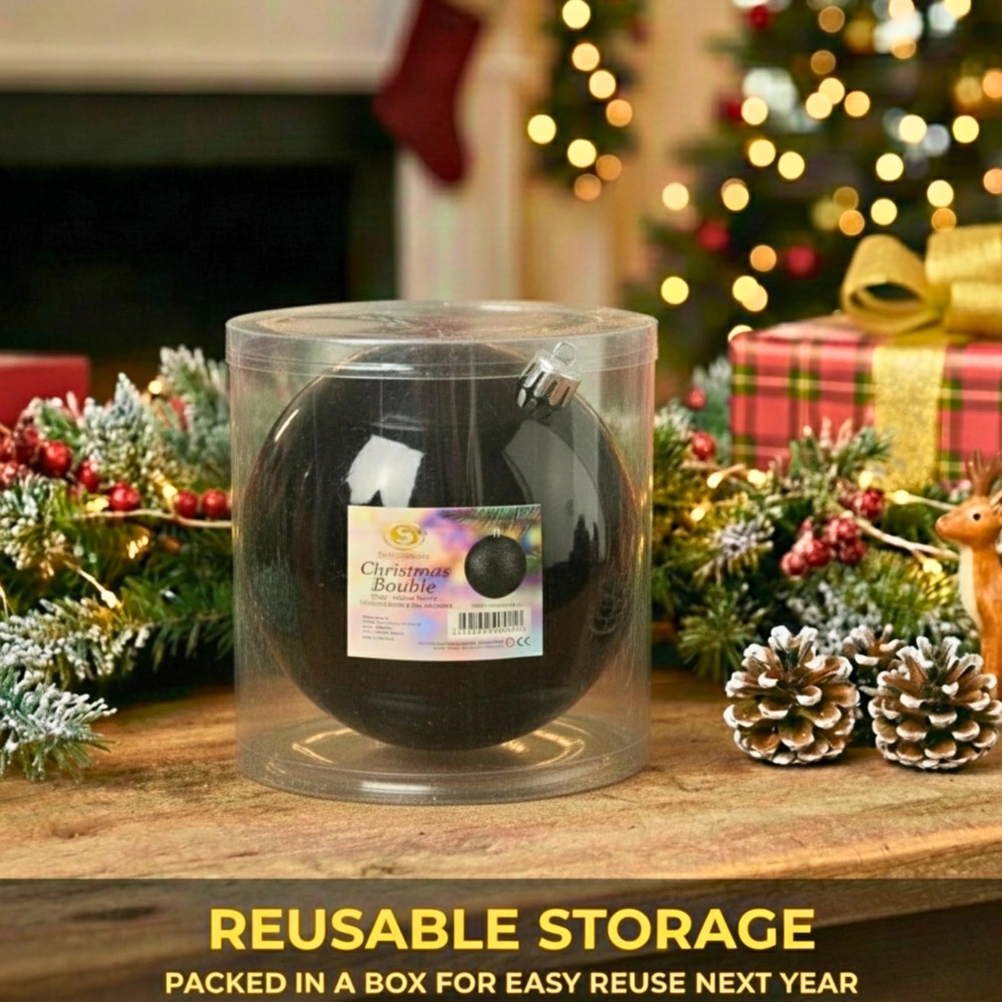 20cm Black Shatterproof Christmas Bauble – Glossy Festive Hanging Decoration