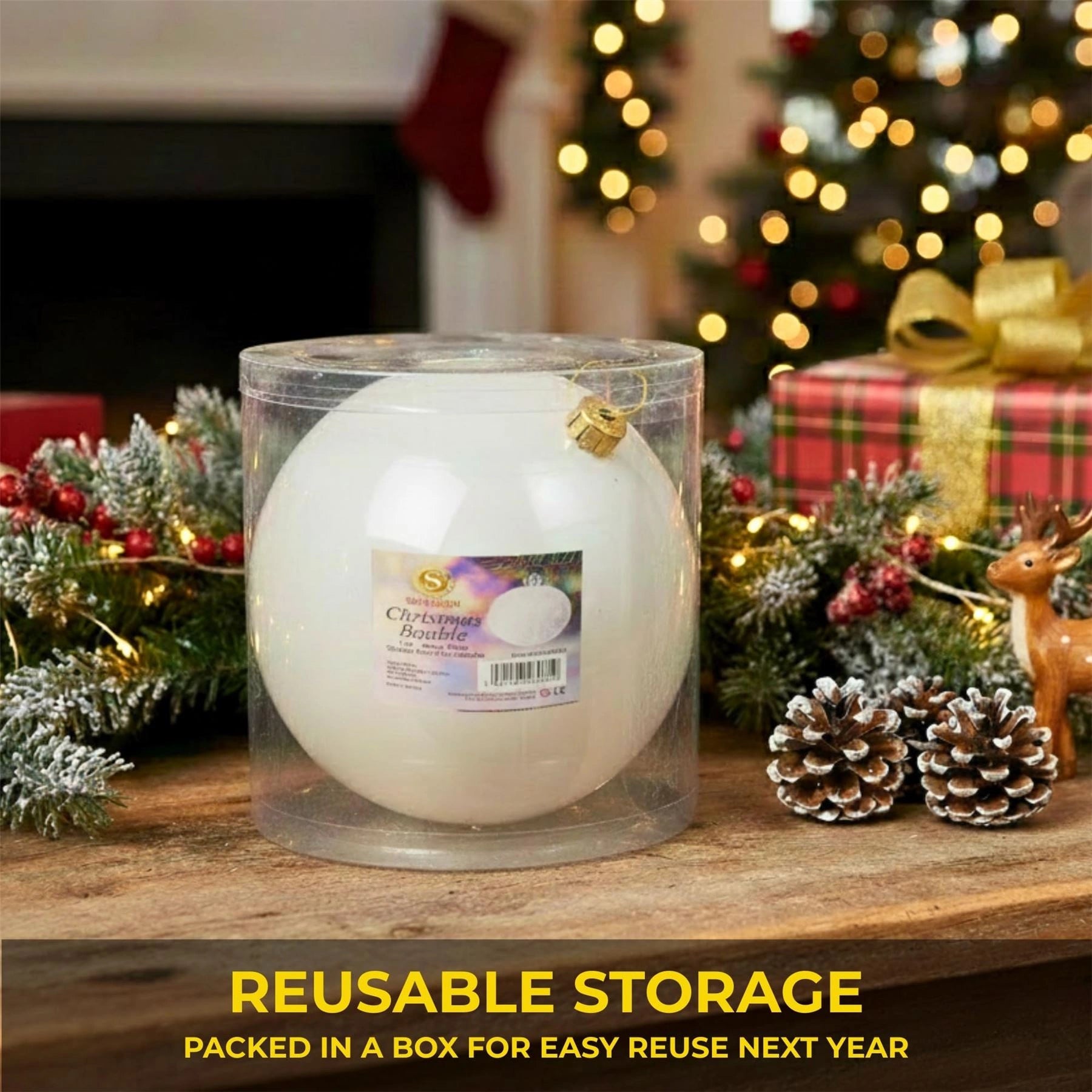 20cm White Shatterproof Christmas Bauble – Glossy Festive Hanging Decoration