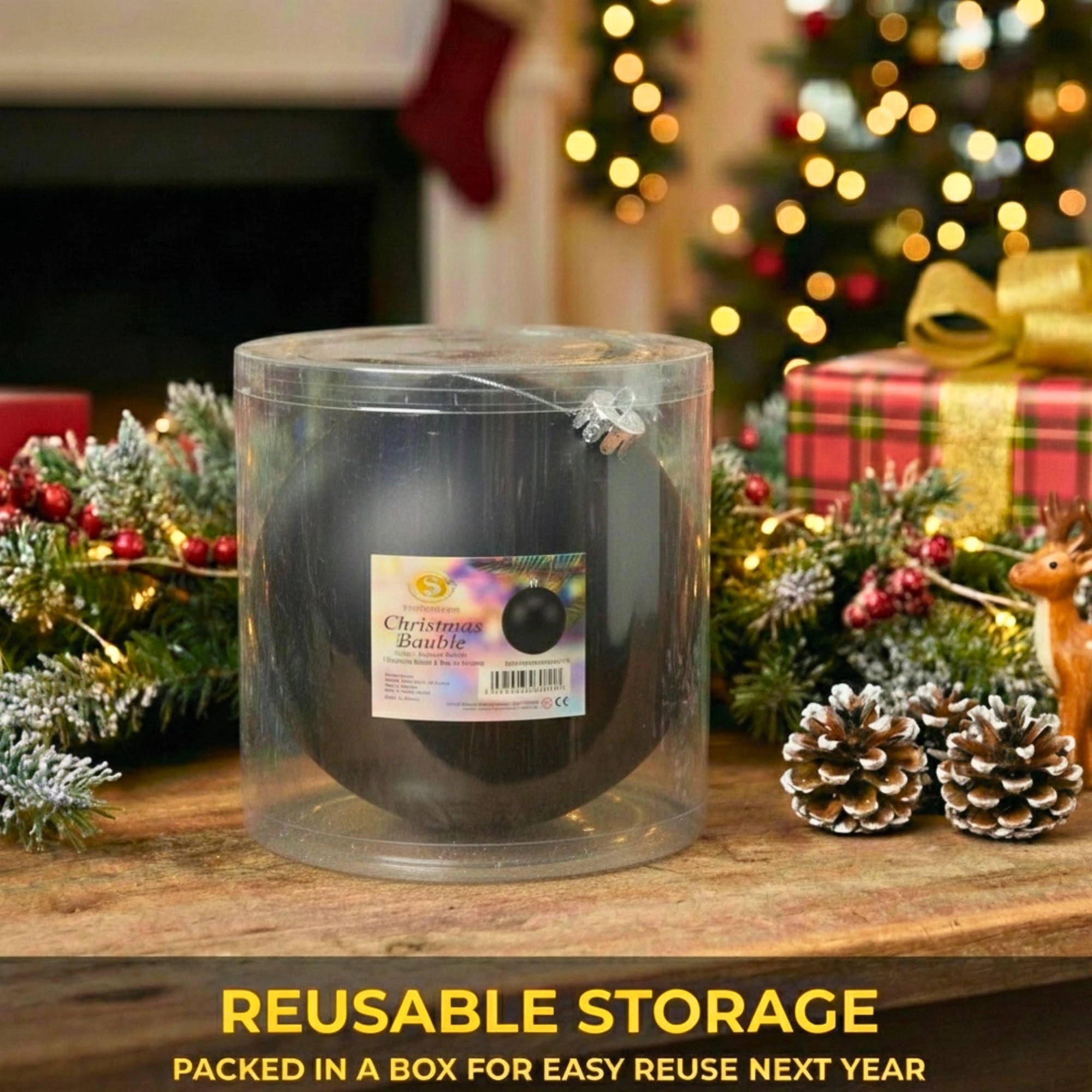 20cm Black Matte Shatterproof Christmas Bauble – Elegant Festive Hanging Decoration