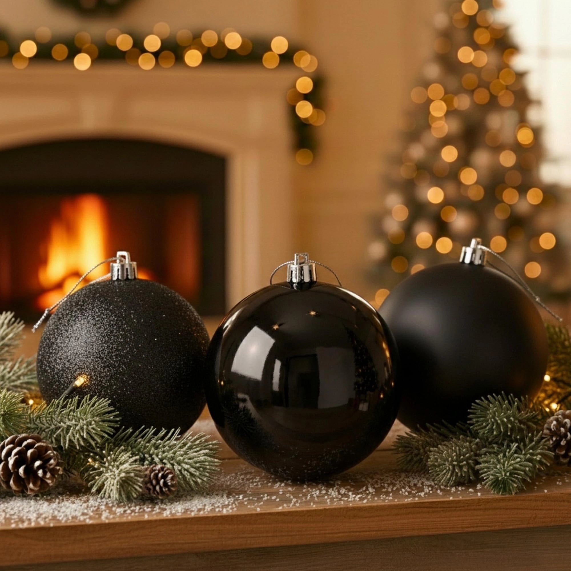 20cm Black Glitter Shatterproof Christmas Bauble – Sparkling Festive Hanging Decoration