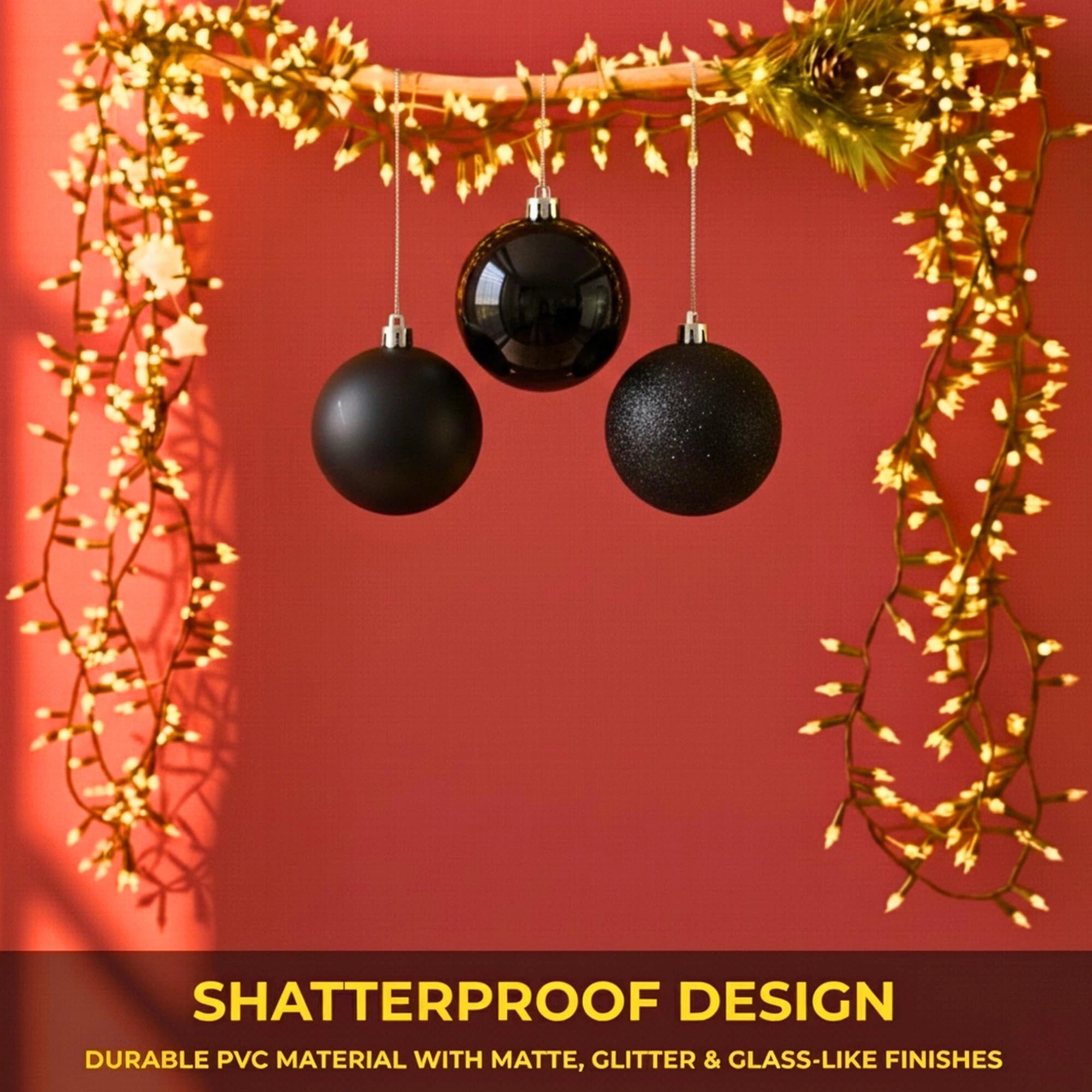 20cm Black Glitter Shatterproof Christmas Bauble – Sparkling Festive Hanging Decoration