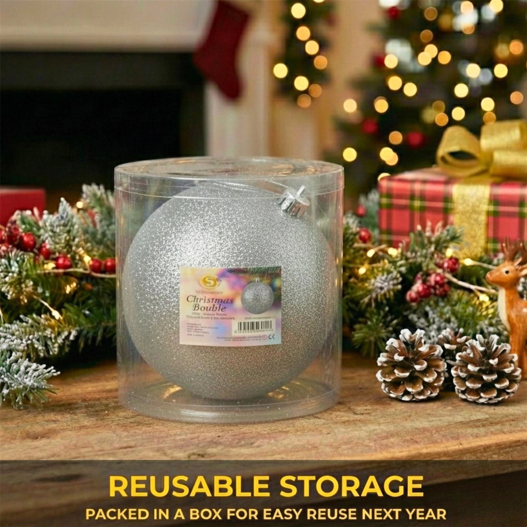 20cm Silver Glitter Shatterproof Christmas Bauble – Sparkling Festive Hanging Decoration