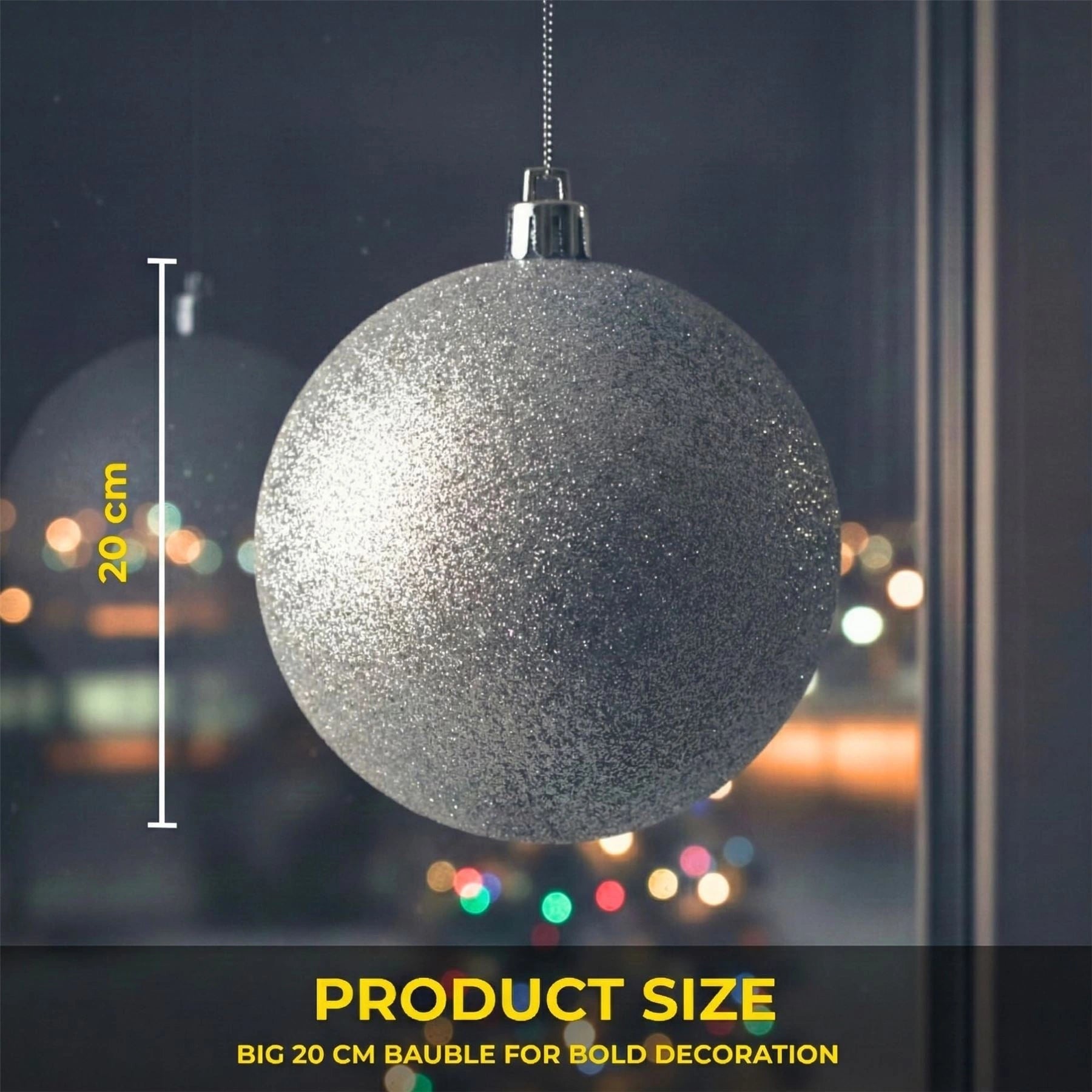 20cm Silver Glitter Shatterproof Christmas Bauble – Sparkling Festive Hanging Decoration
