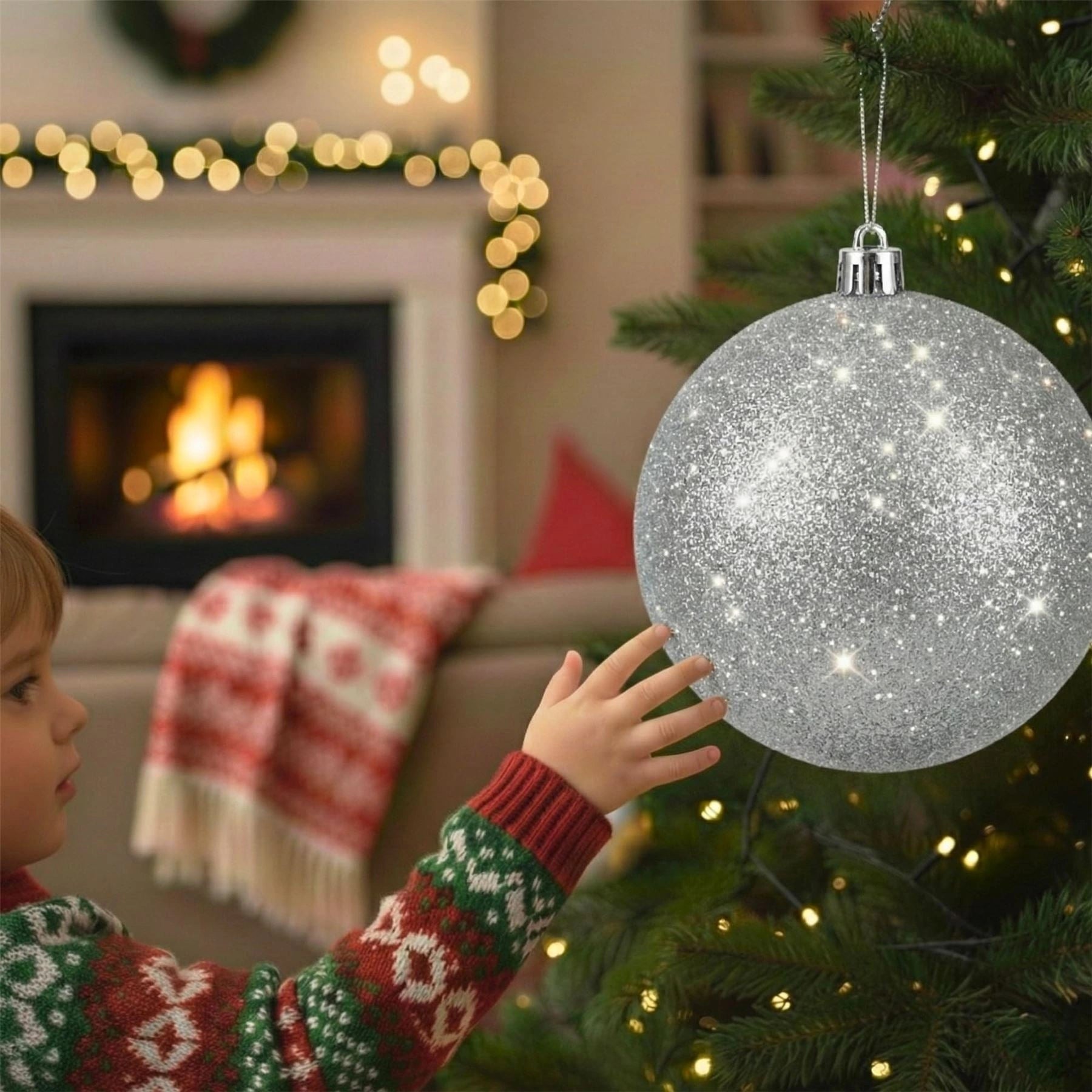 20cm Silver Glitter Shatterproof Christmas Bauble – Sparkling Festive Hanging Decoration