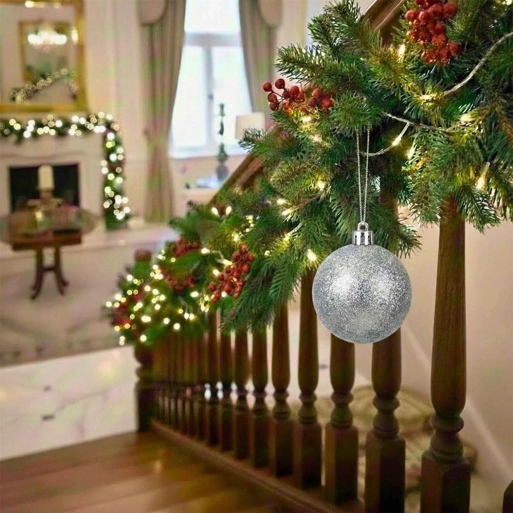 20cm Silver Glitter Shatterproof Christmas Bauble – Sparkling Festive Hanging Decoration