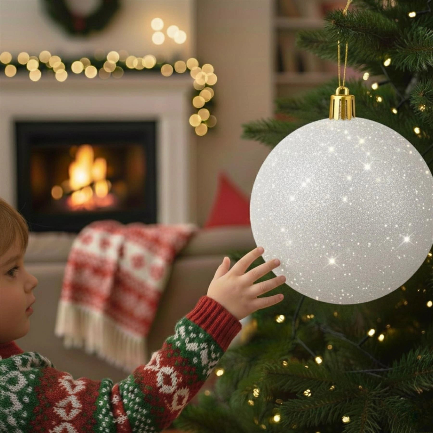 20cm White Glitter Shatterproof Christmas Bauble – Sparkling Festive Hanging Decoration