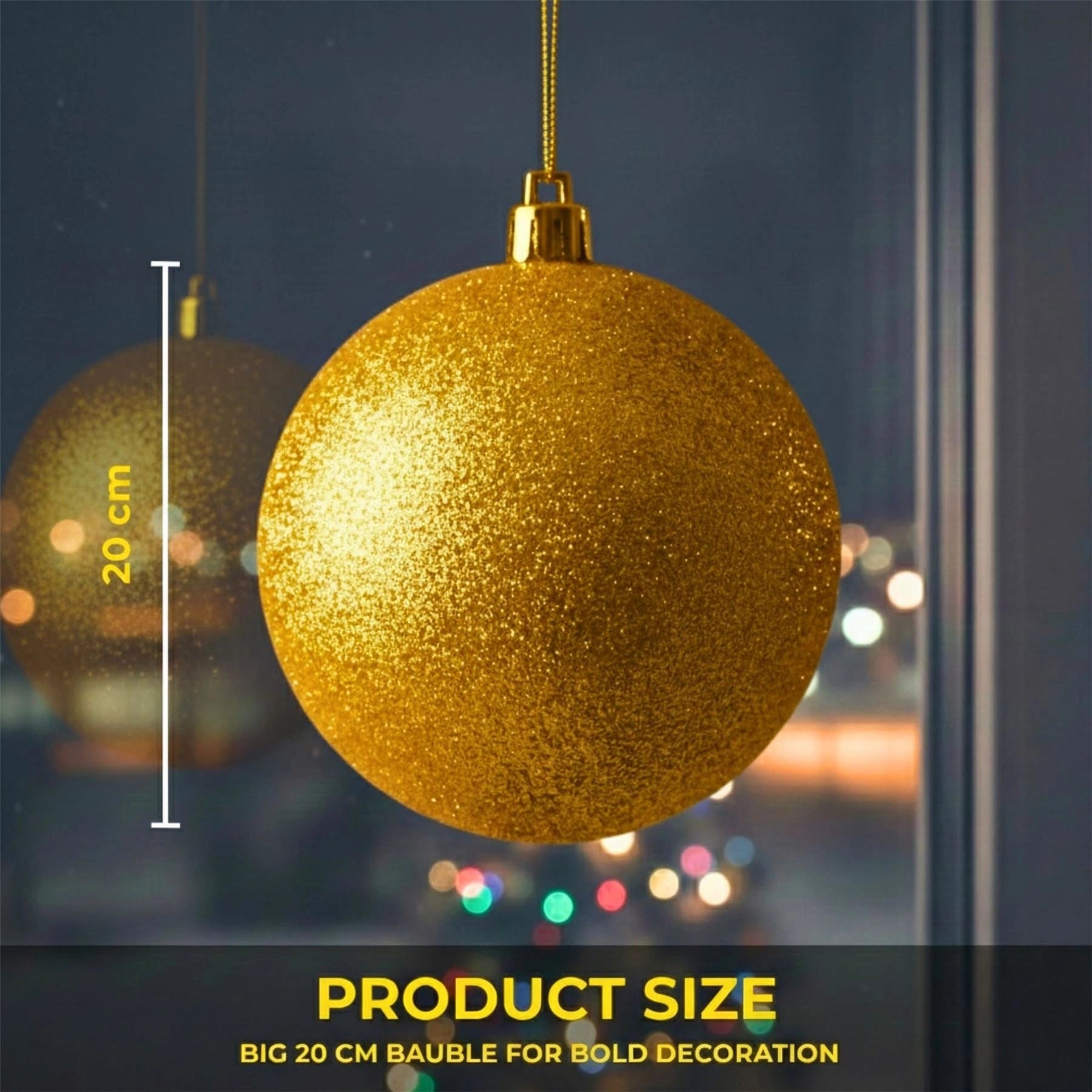 20cm Deep Gold Glitter Shatterproof Christmas Bauble – Sparkling Festive Hanging Decoration