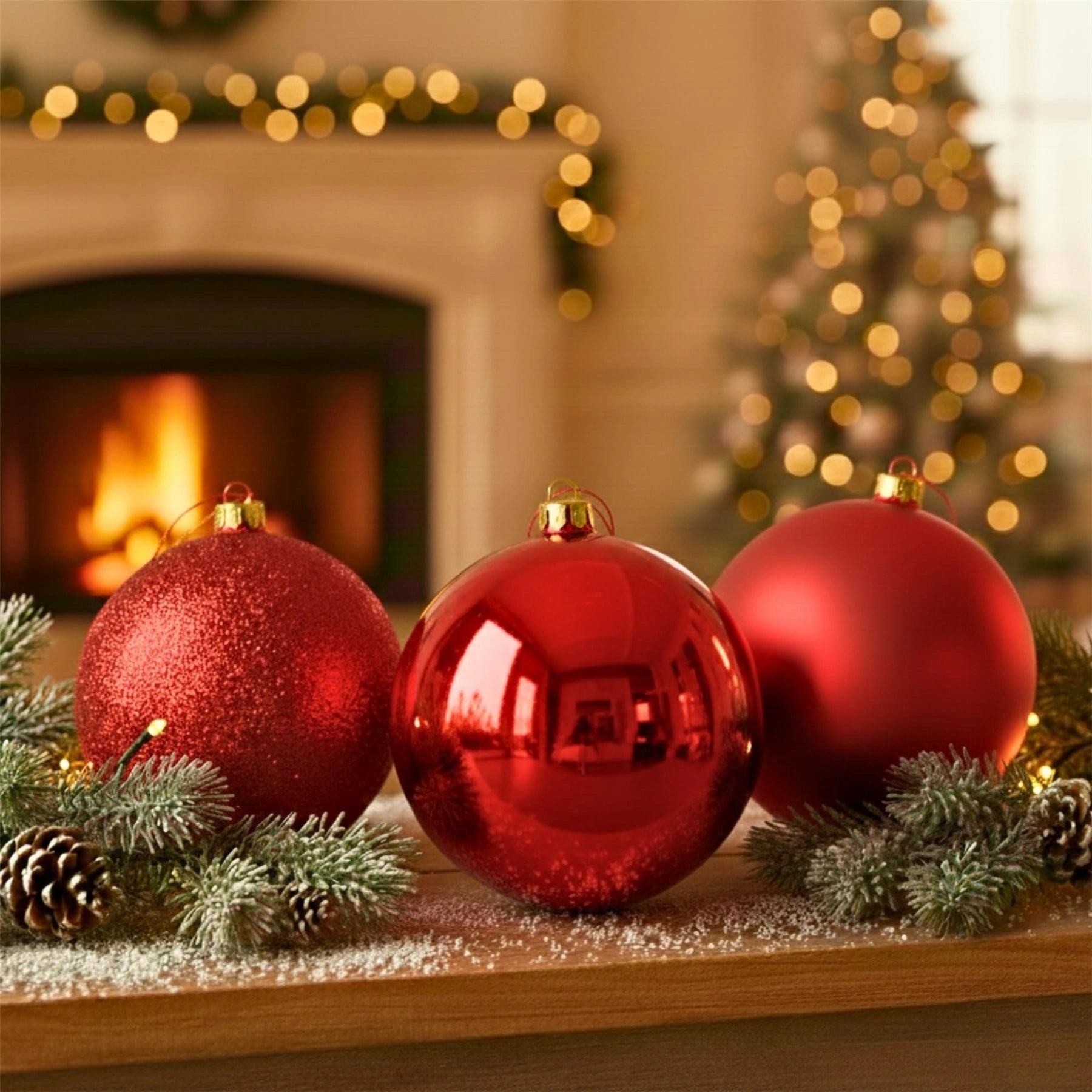 20cm Red Christmas Bauble Set (3pcs) – Assorted Matt & Glitter Shatterproof Decorations