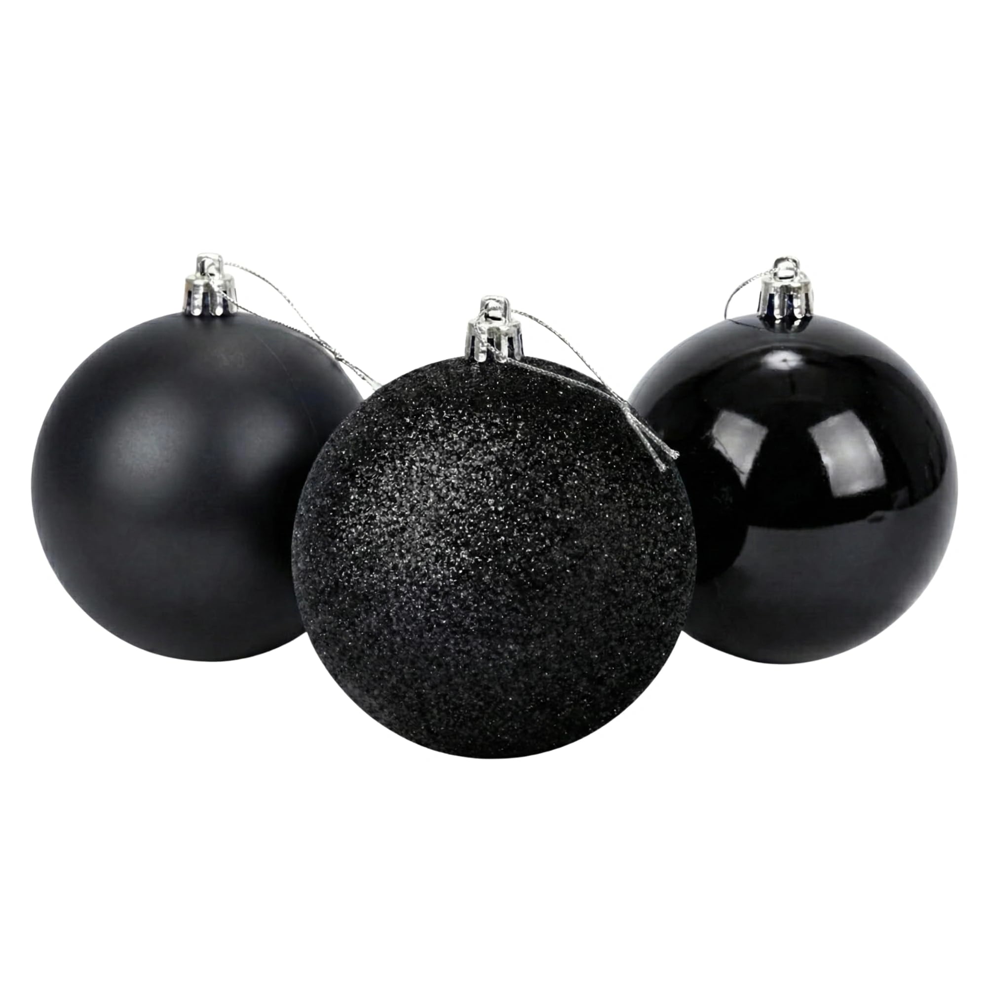 20cm Black Christmas Baubles – Assorted 3-Piece Set (Matt & Glitter, Shatterproof)