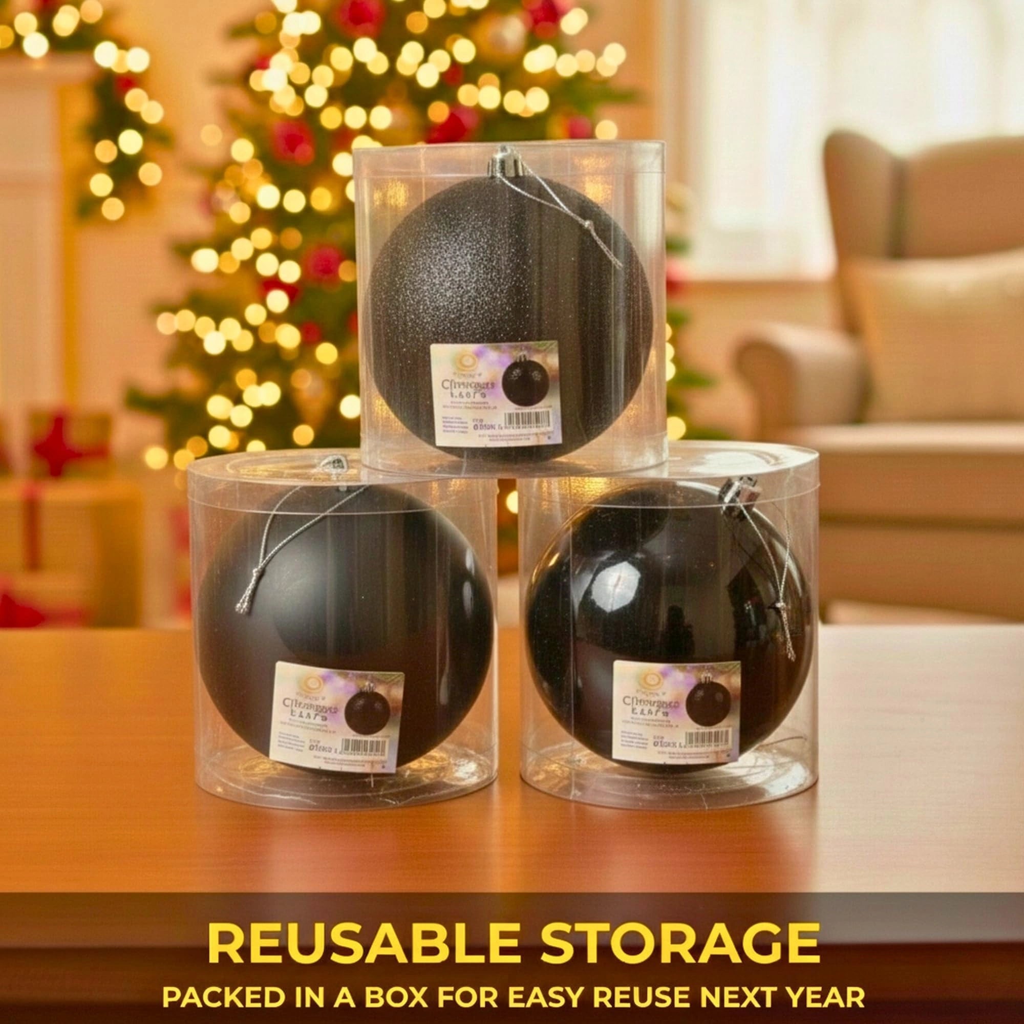 20cm Black Christmas Baubles – Assorted 3-Piece Set (Matt & Glitter, Shatterproof)