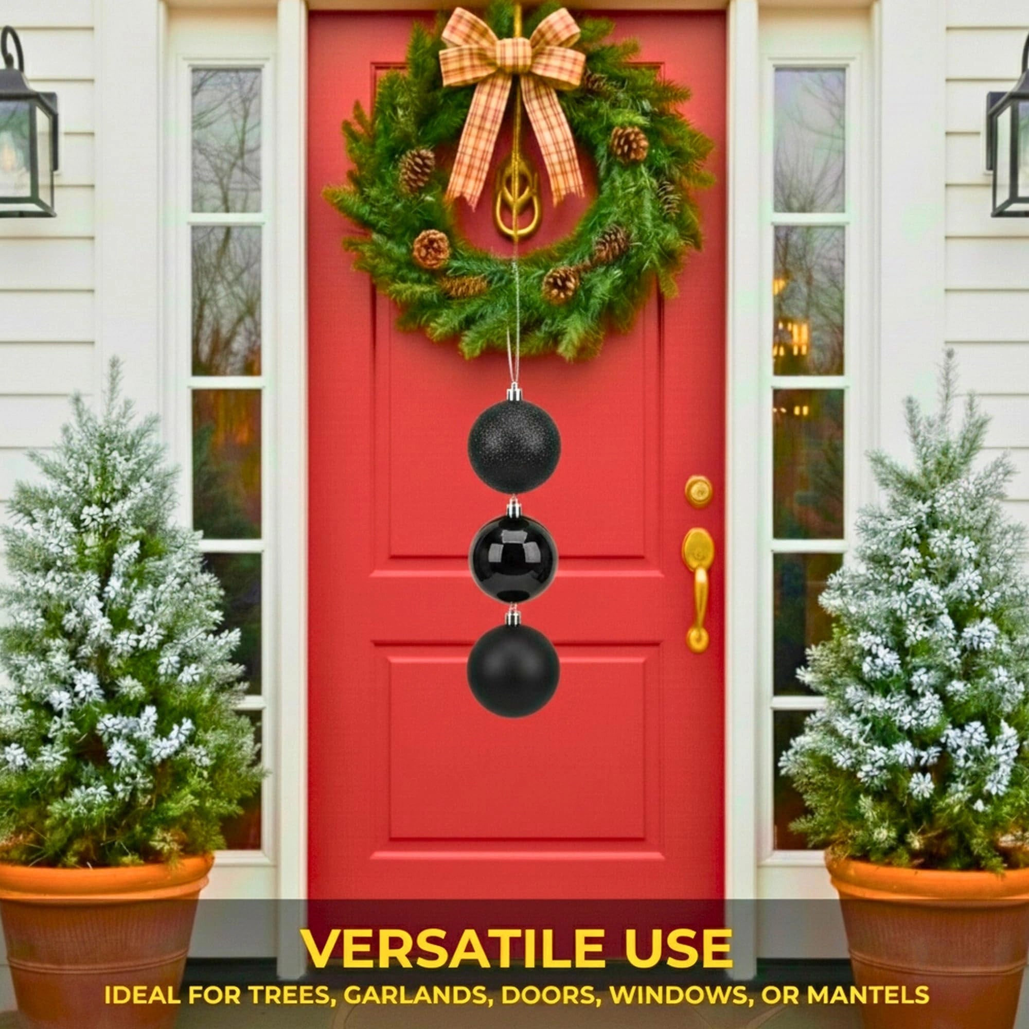 20cm Black Christmas Baubles – Assorted 3-Piece Set (Matt & Glitter, Shatterproof)