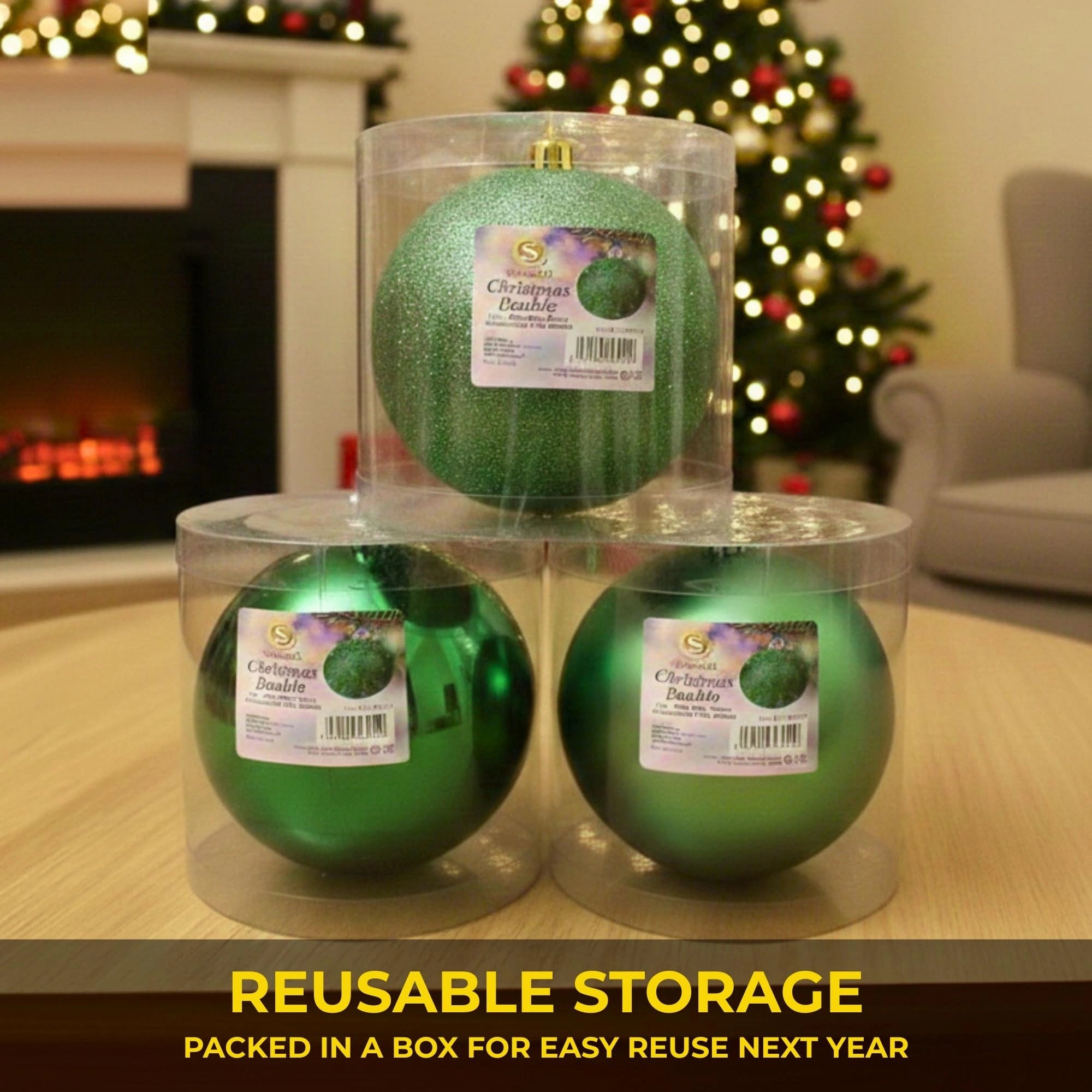 20cm Dark Green Christmas Baubles – Assorted 3-Pack (Matt & Glitter, Shatterproof)