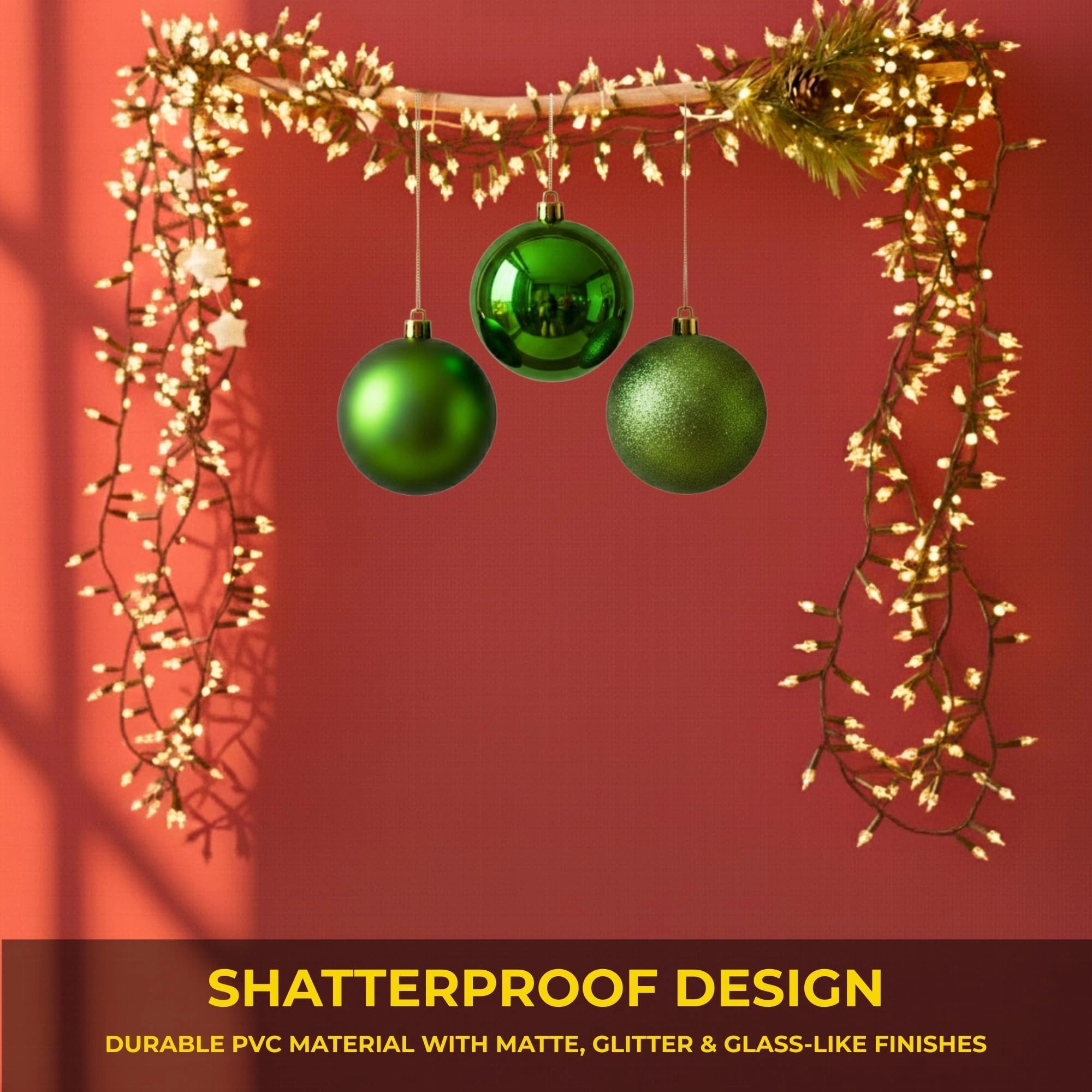 20cm Dark Green Christmas Baubles – Assorted 3-Pack (Matt & Glitter, Shatterproof)