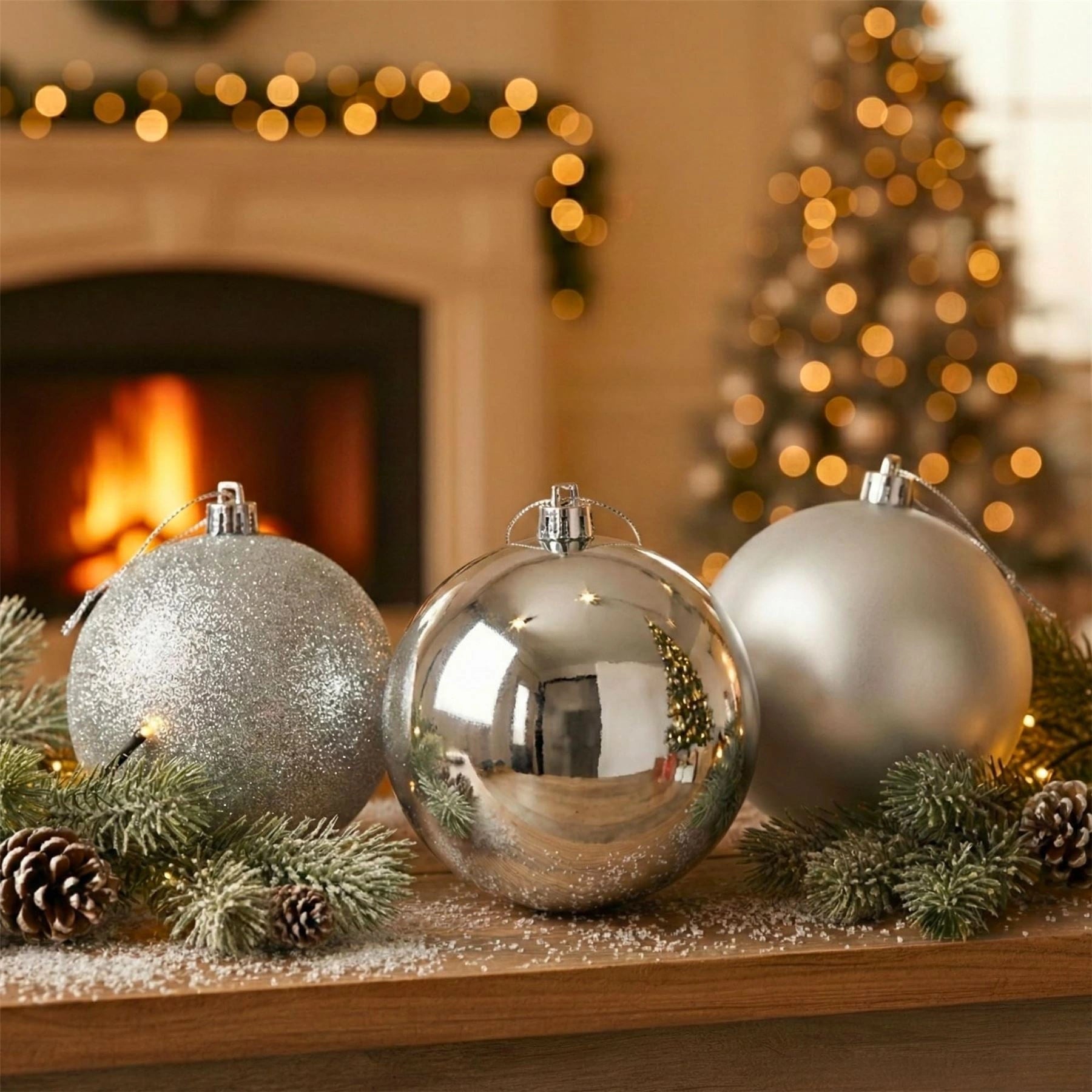 20cm Silver Christmas Baubles – Assorted 3-Pack (Matt & Glitter, Shatterproof)