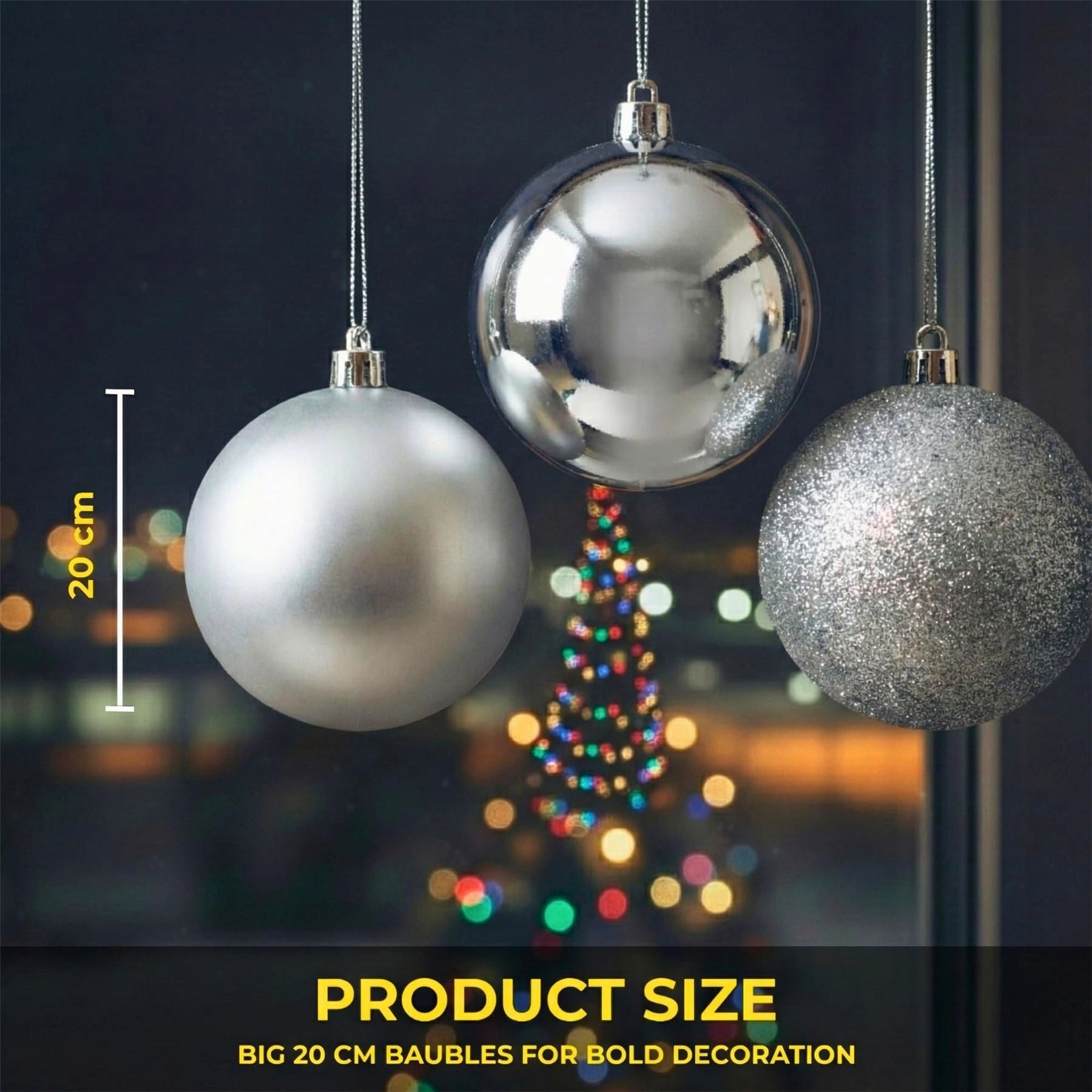 20cm Silver Christmas Baubles – Assorted 3-Pack (Matt & Glitter, Shatterproof)