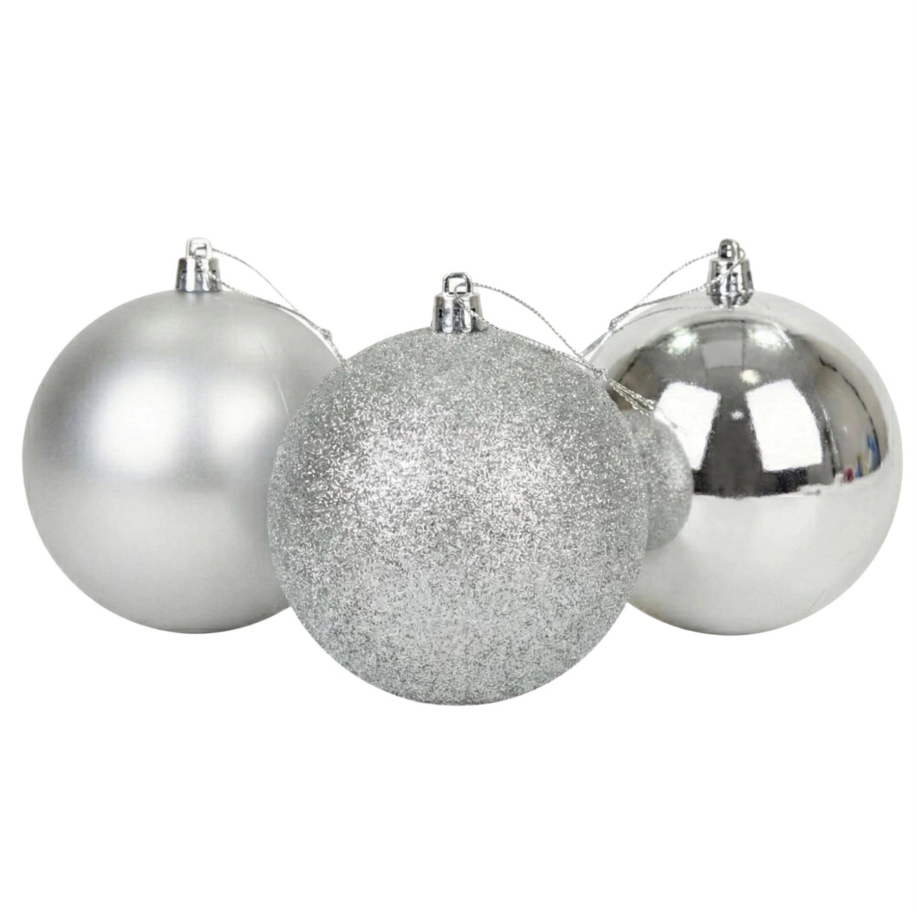 20cm Silver Christmas Baubles – Assorted 3-Pack (Matt & Glitter, Shatterproof)