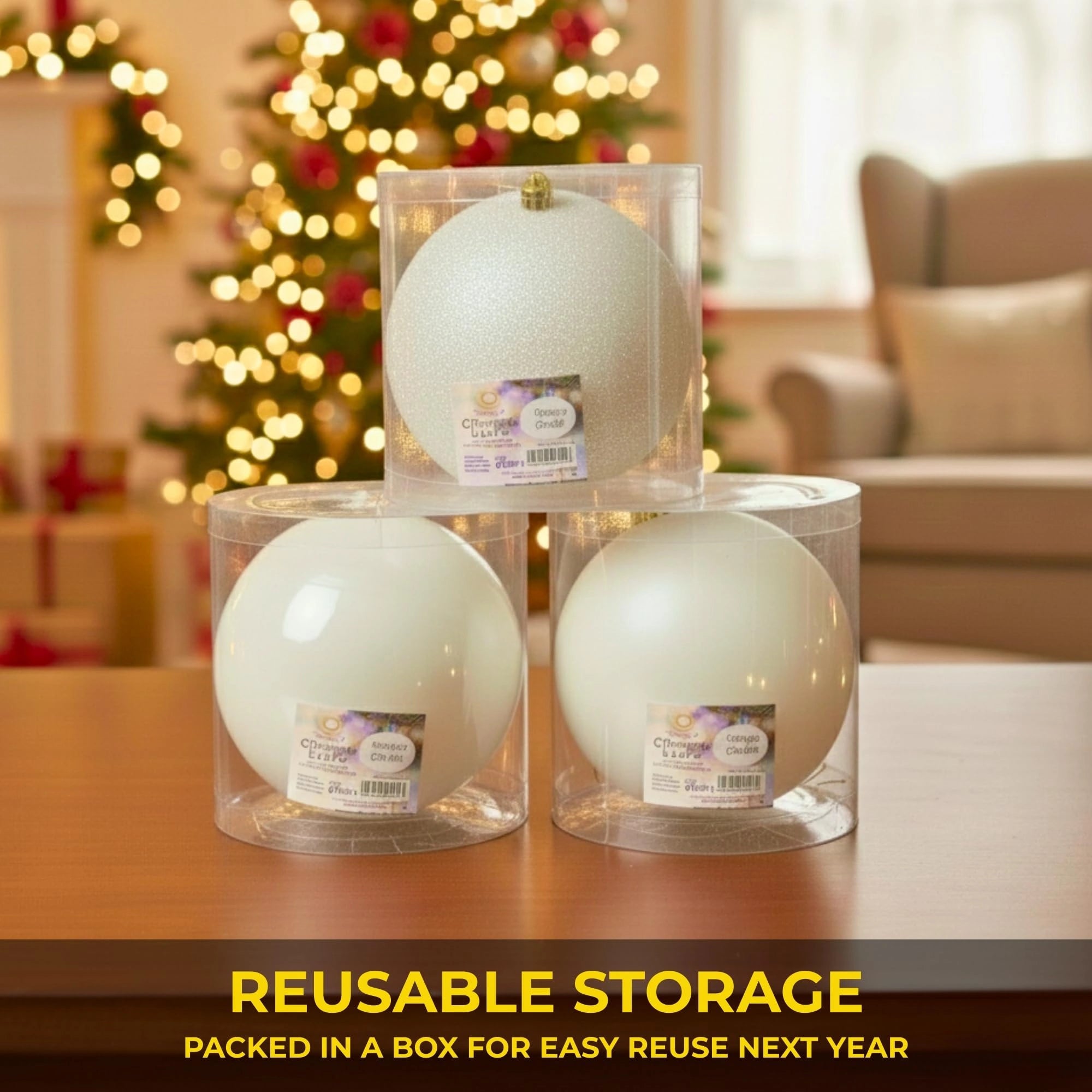 20cm White Christmas Baubles – Assorted 3-Pack (Matt & Glitter, Shatterproof)