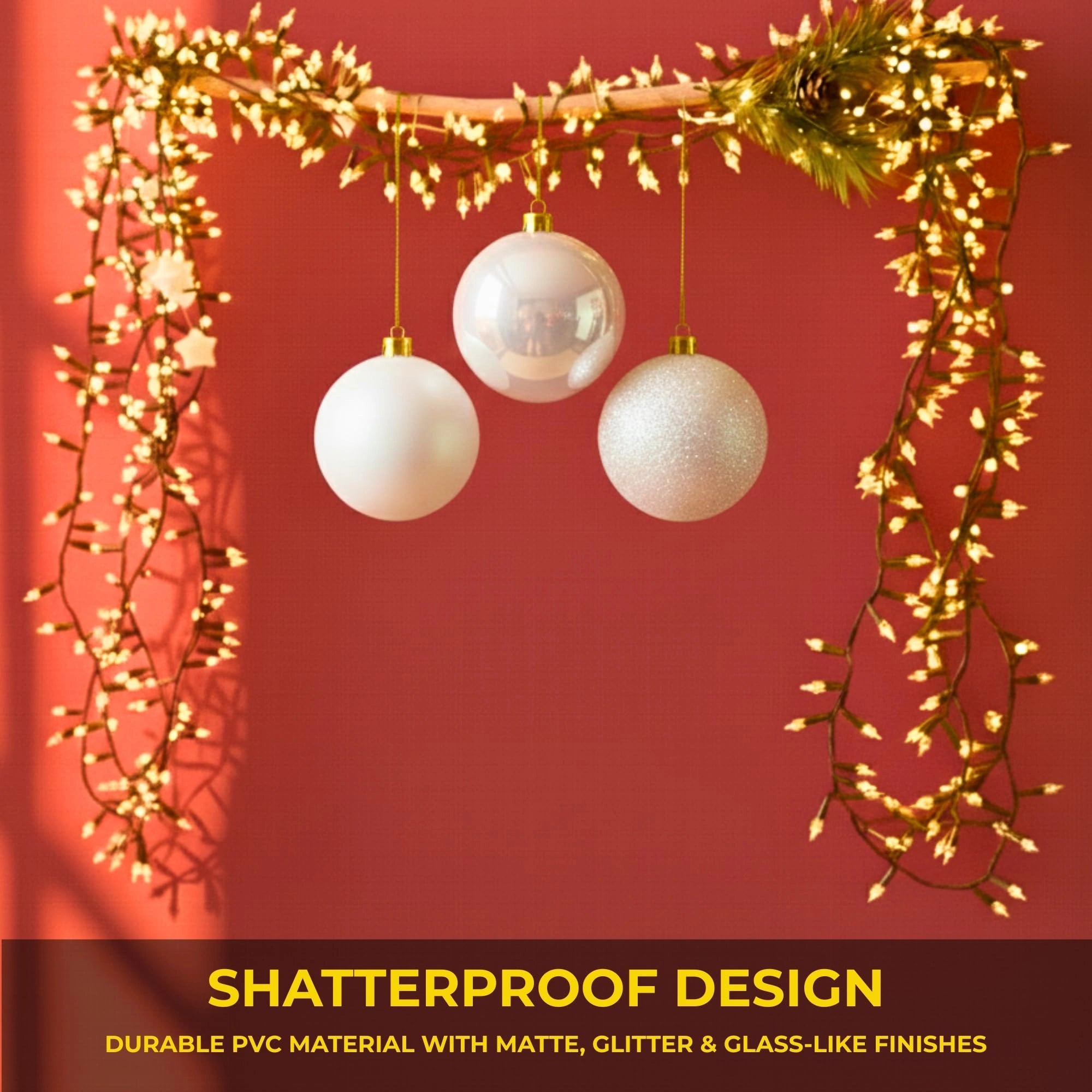 20cm White Christmas Baubles – Assorted 3-Pack (Matt & Glitter, Shatterproof)