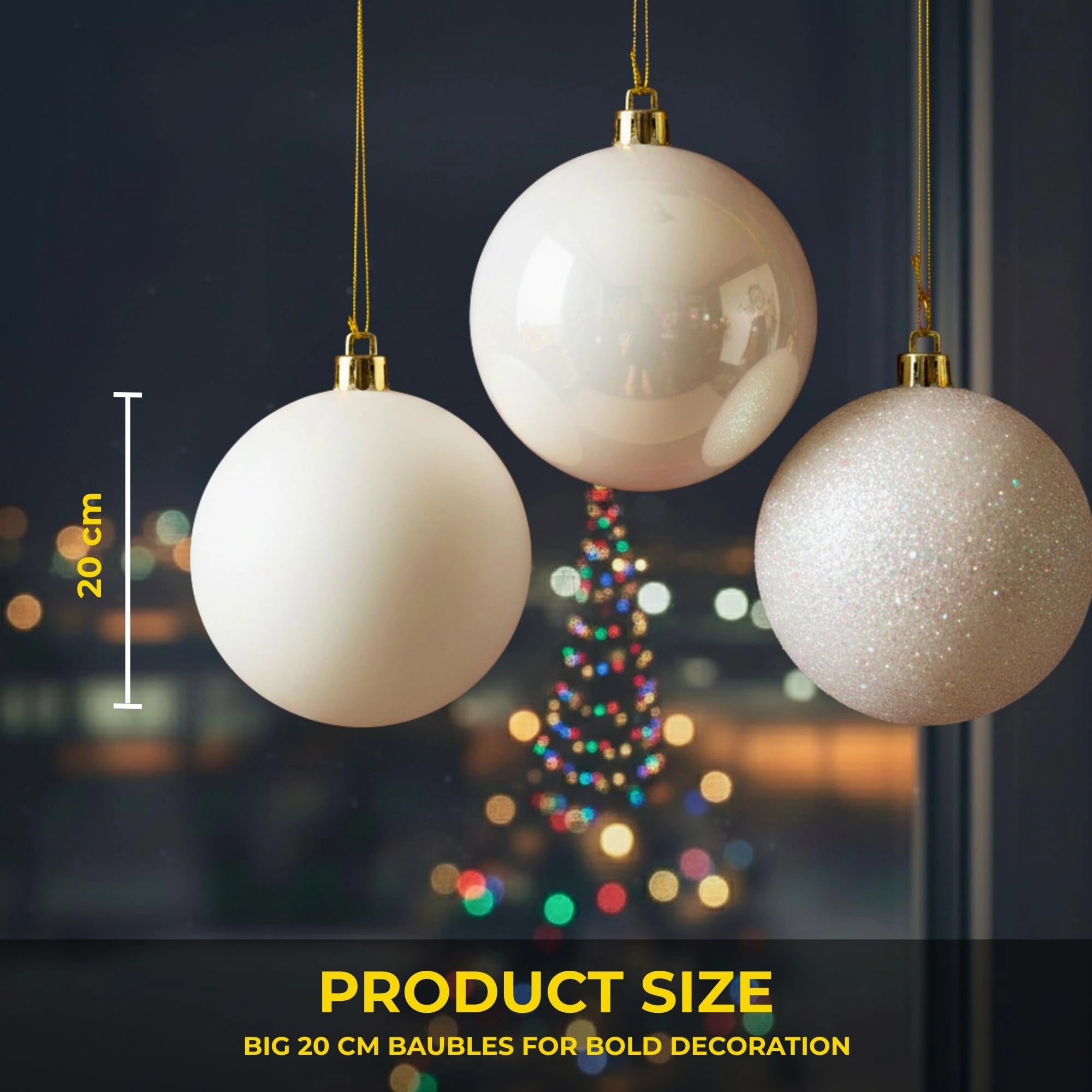 20cm White Christmas Baubles – Assorted 3-Pack (Matt & Glitter, Shatterproof)