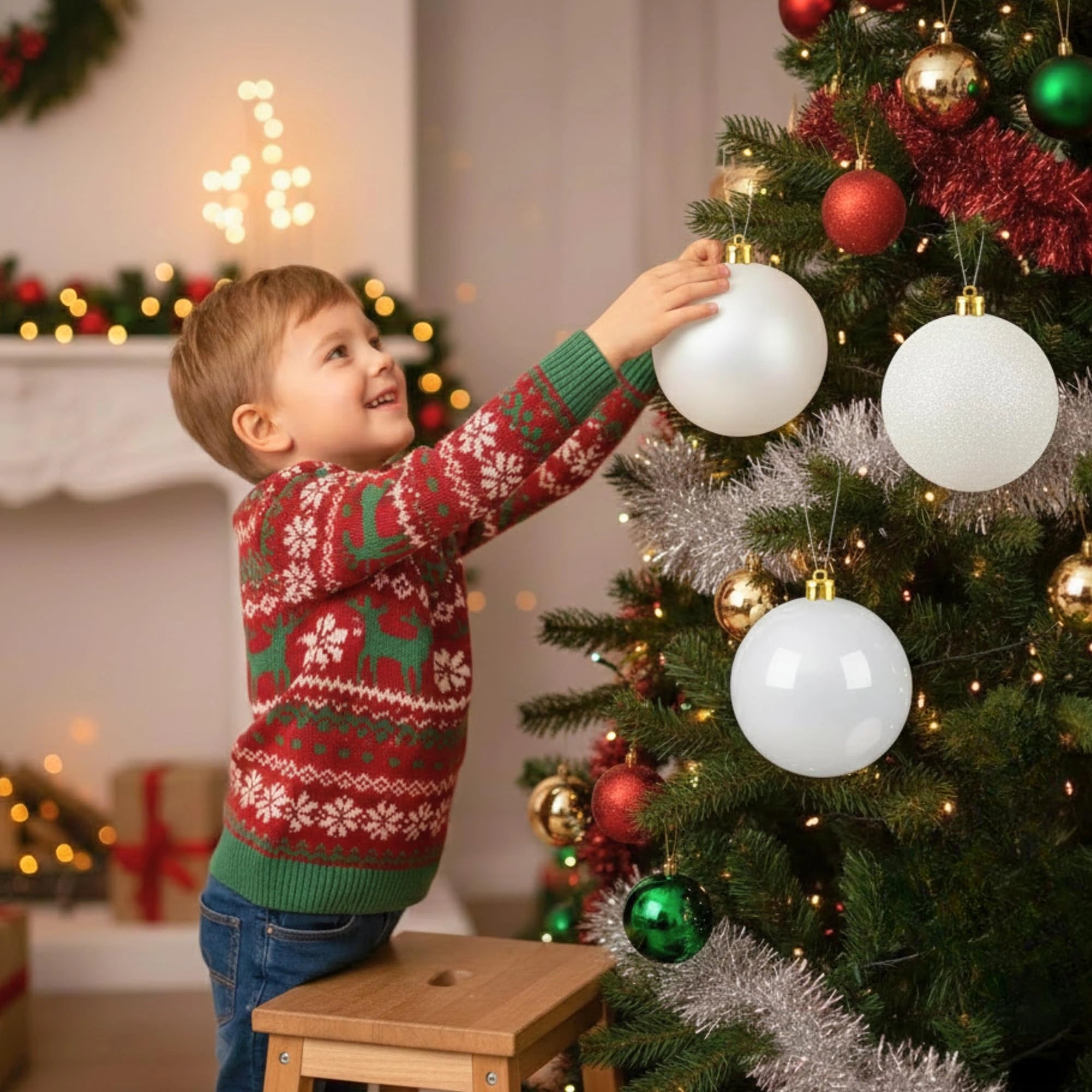 20cm White Christmas Baubles – Assorted 3-Pack (Matt & Glitter, Shatterproof)