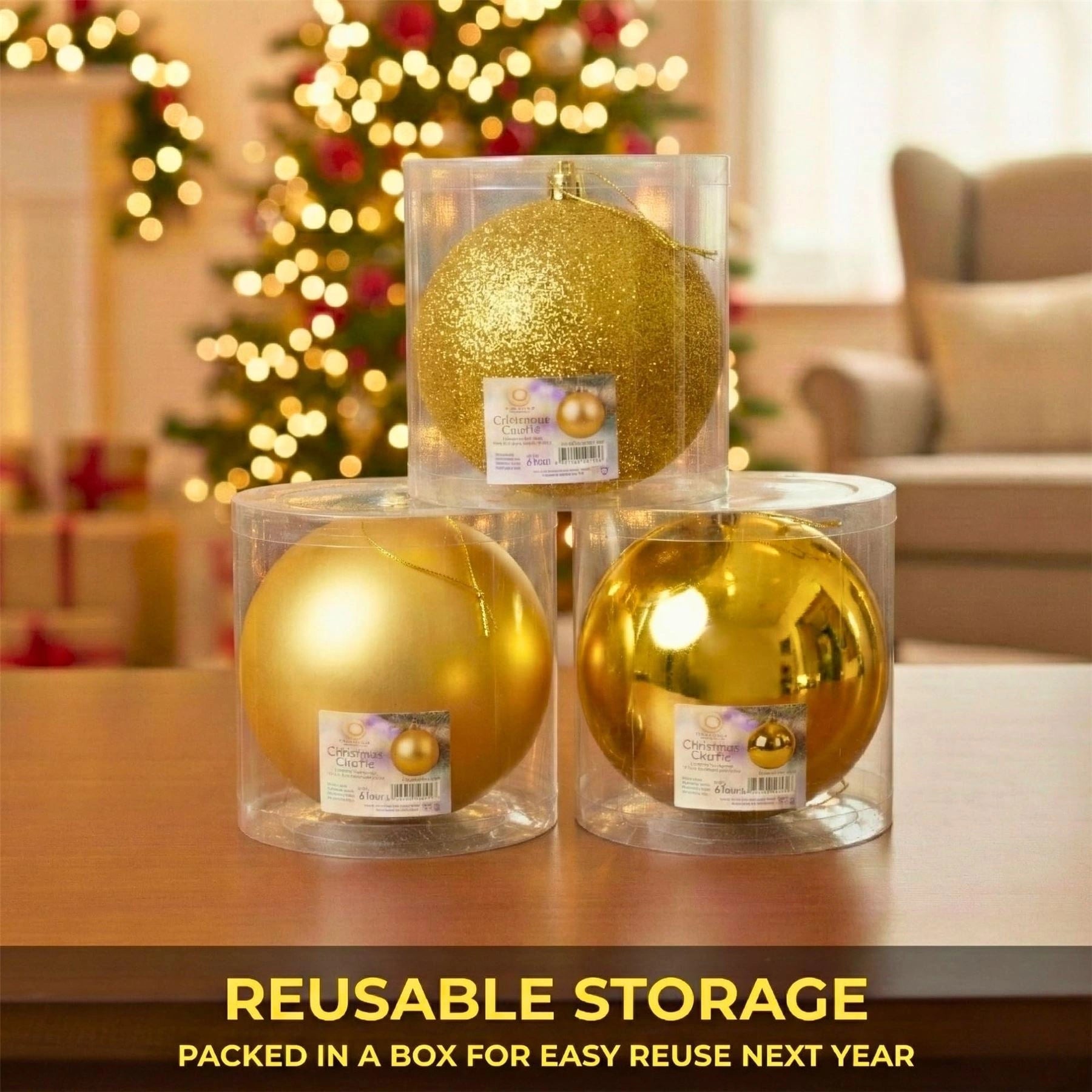 20cm Deep Gold Christmas Baubles – Assorted 3-Pack (Matt & Glitter, Shatterproof)