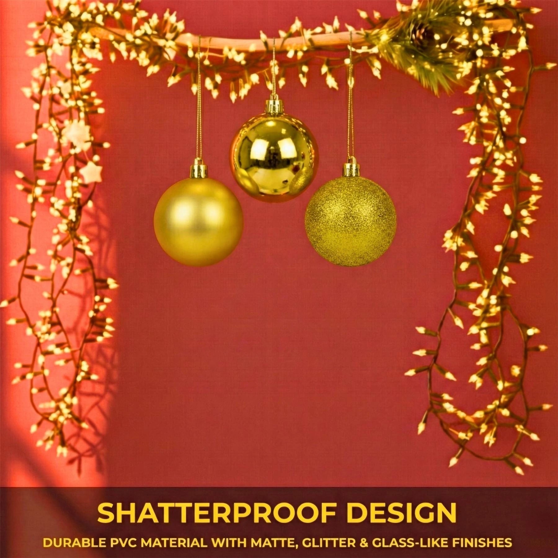 20cm Deep Gold Christmas Baubles – Assorted 3-Pack (Matt & Glitter, Shatterproof)