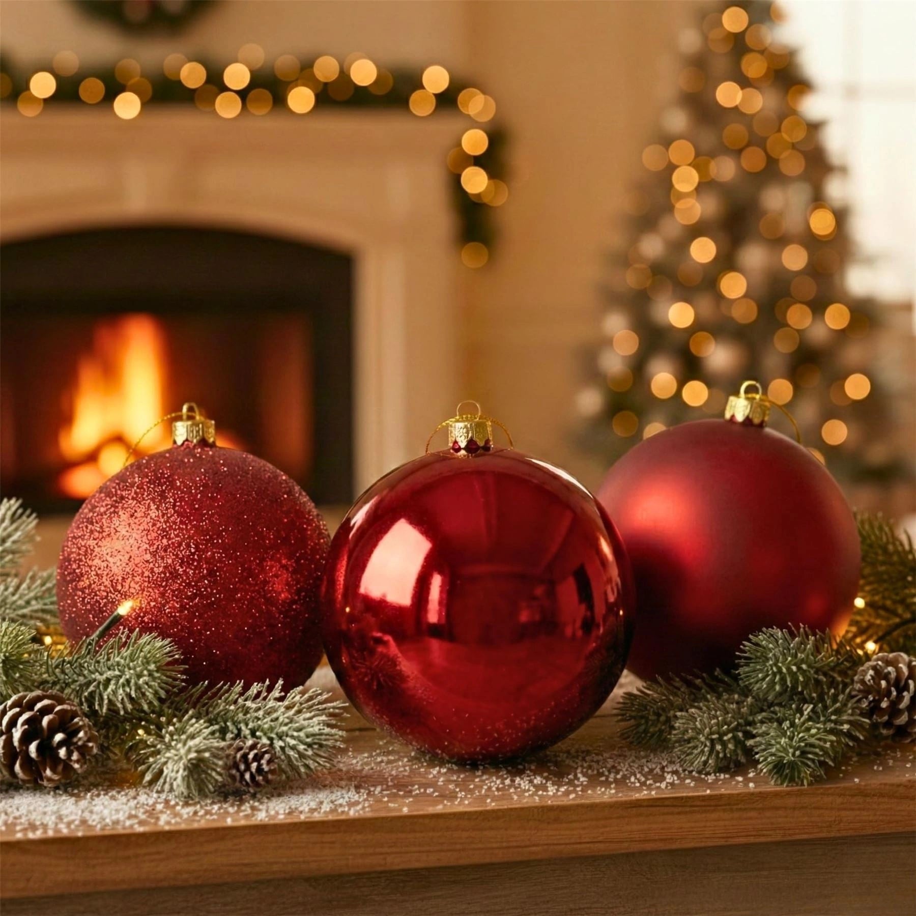 20cm Dark Red Christmas Baubles – Assorted 3-Pack (Matt & Glitter, Shatterproof)