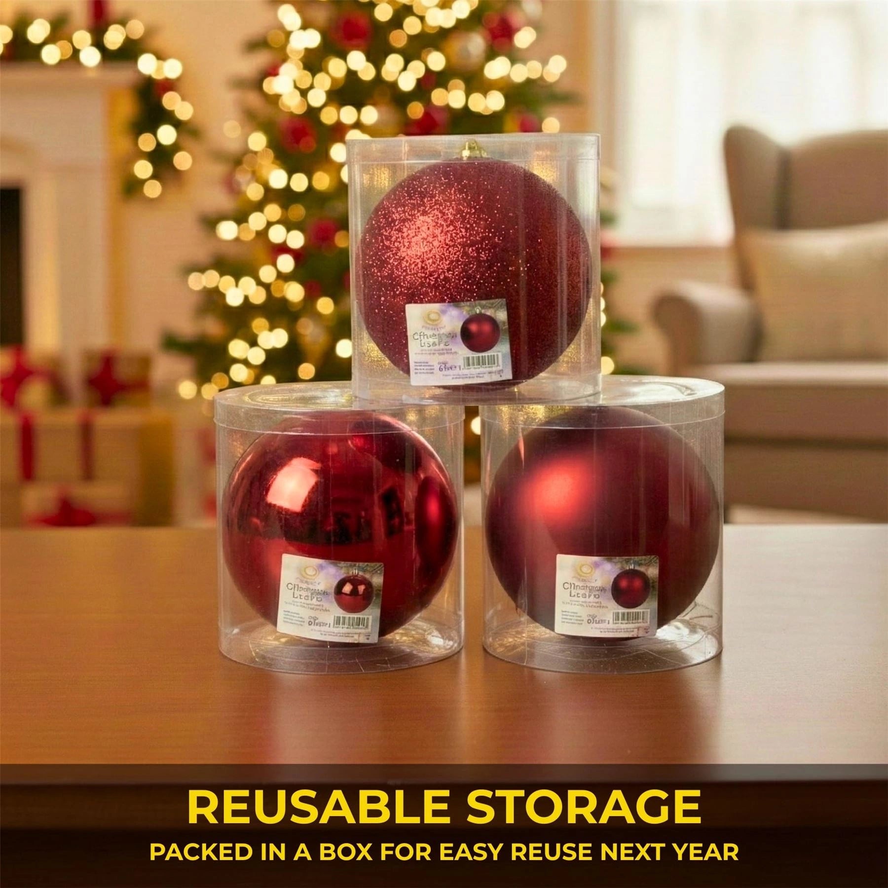 20cm Dark Red Christmas Baubles – Assorted 3-Pack (Matt & Glitter, Shatterproof)