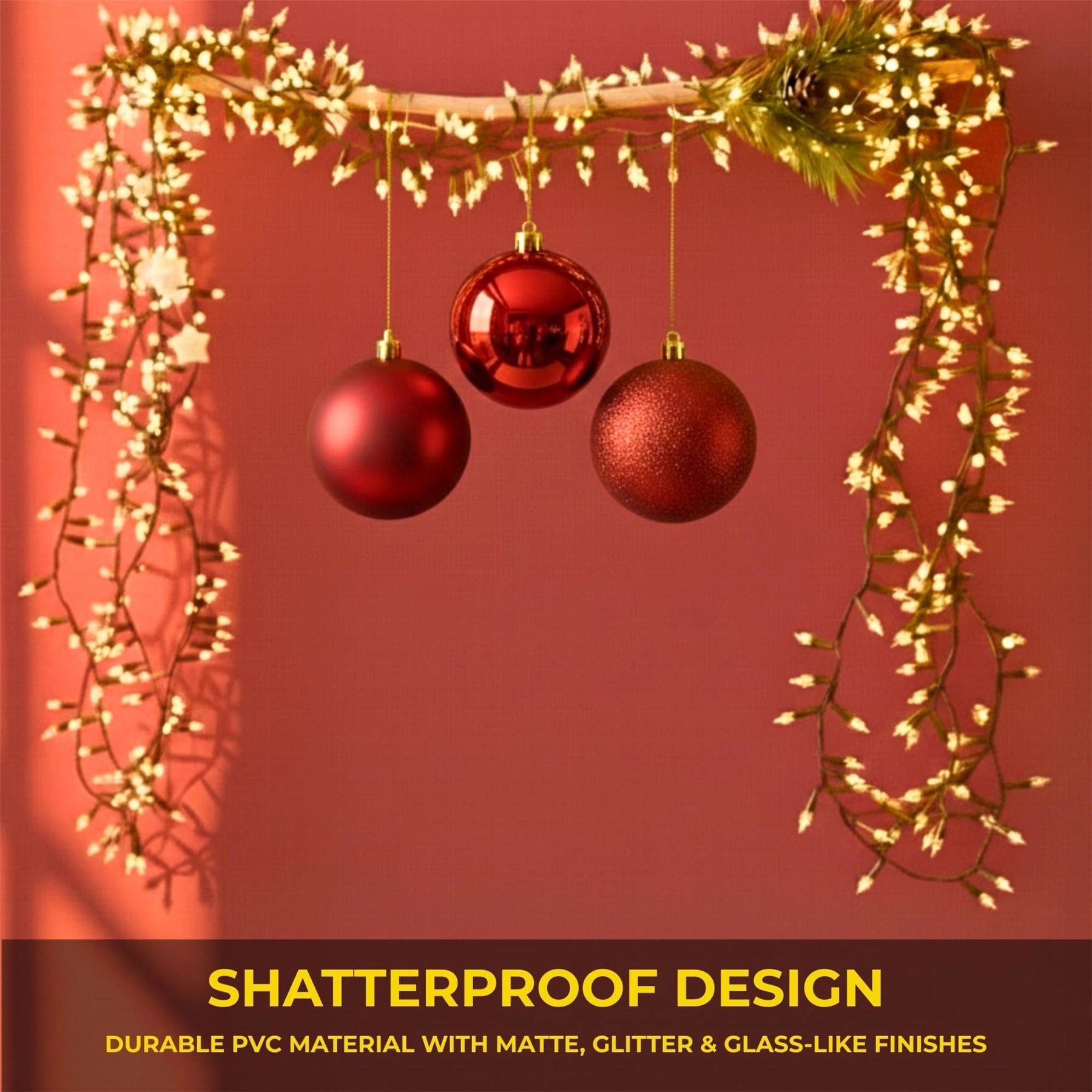 20cm Dark Red Christmas Baubles – Assorted 3-Pack (Matt & Glitter, Shatterproof)