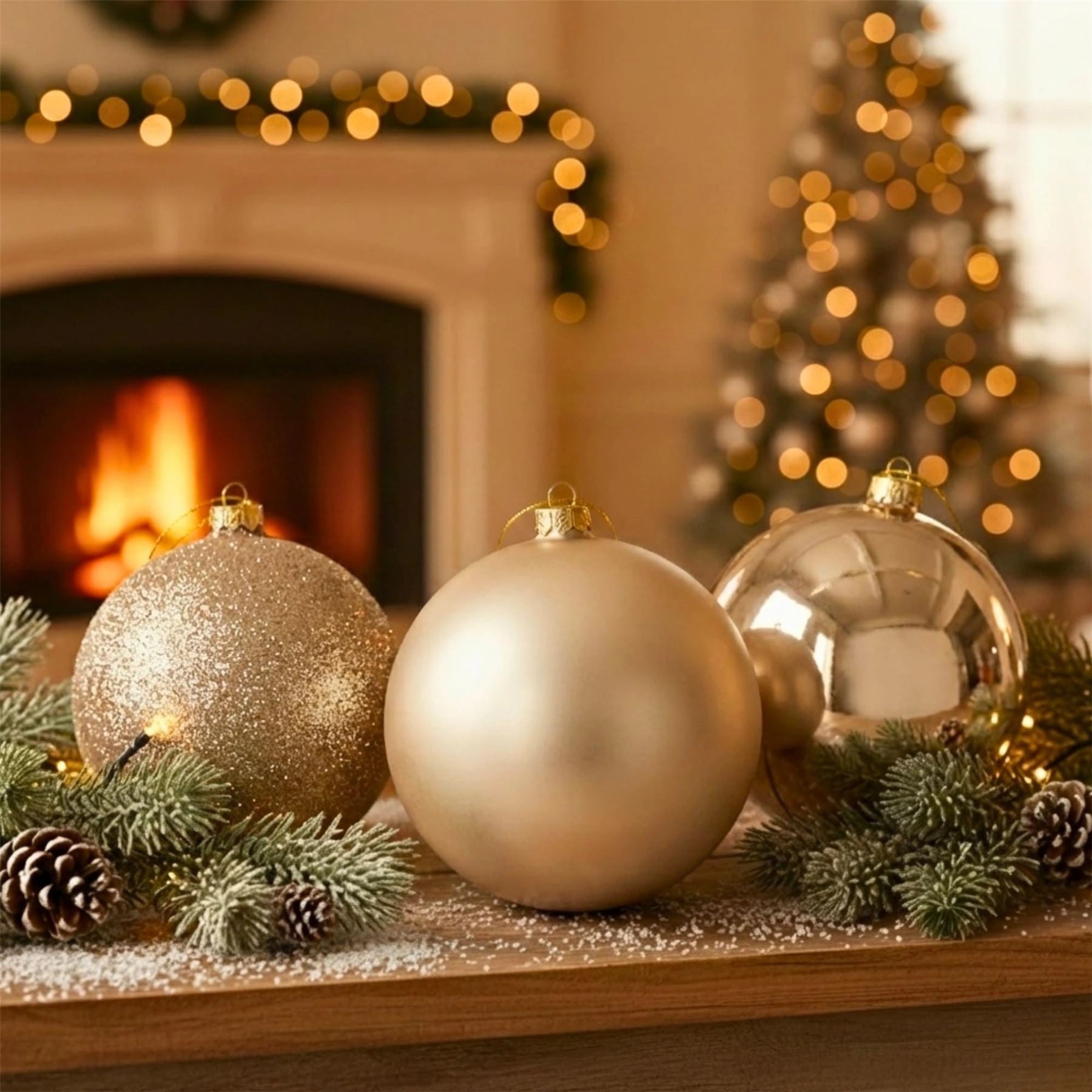 20cm Champagne Christmas Baubles – Assorted 3-Pack (Matt & Glitter, Shatterproof)