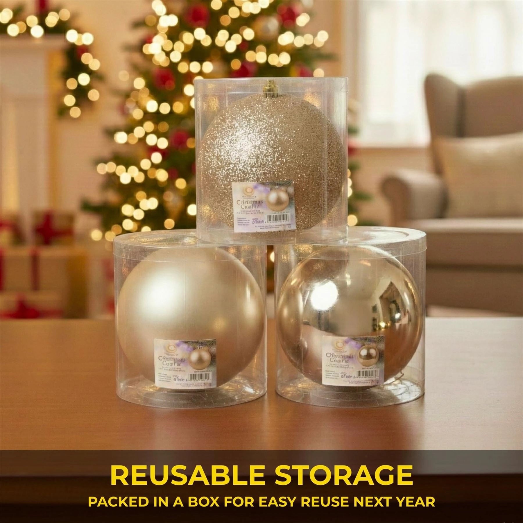 20cm Champagne Christmas Baubles – Assorted 3-Pack (Matt & Glitter, Shatterproof)