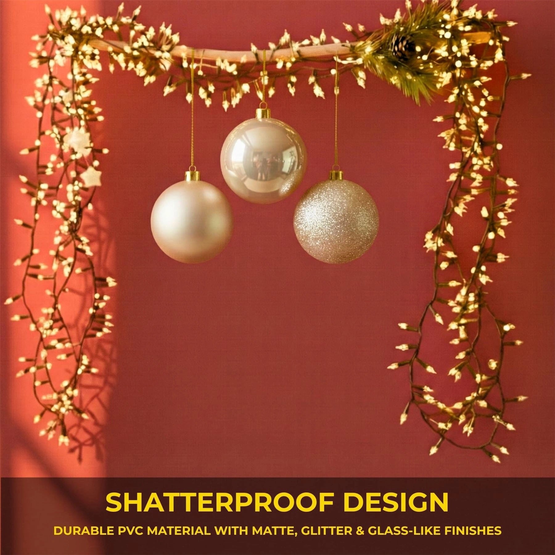 20cm Champagne Christmas Baubles – Assorted 3-Pack (Matt & Glitter, Shatterproof)