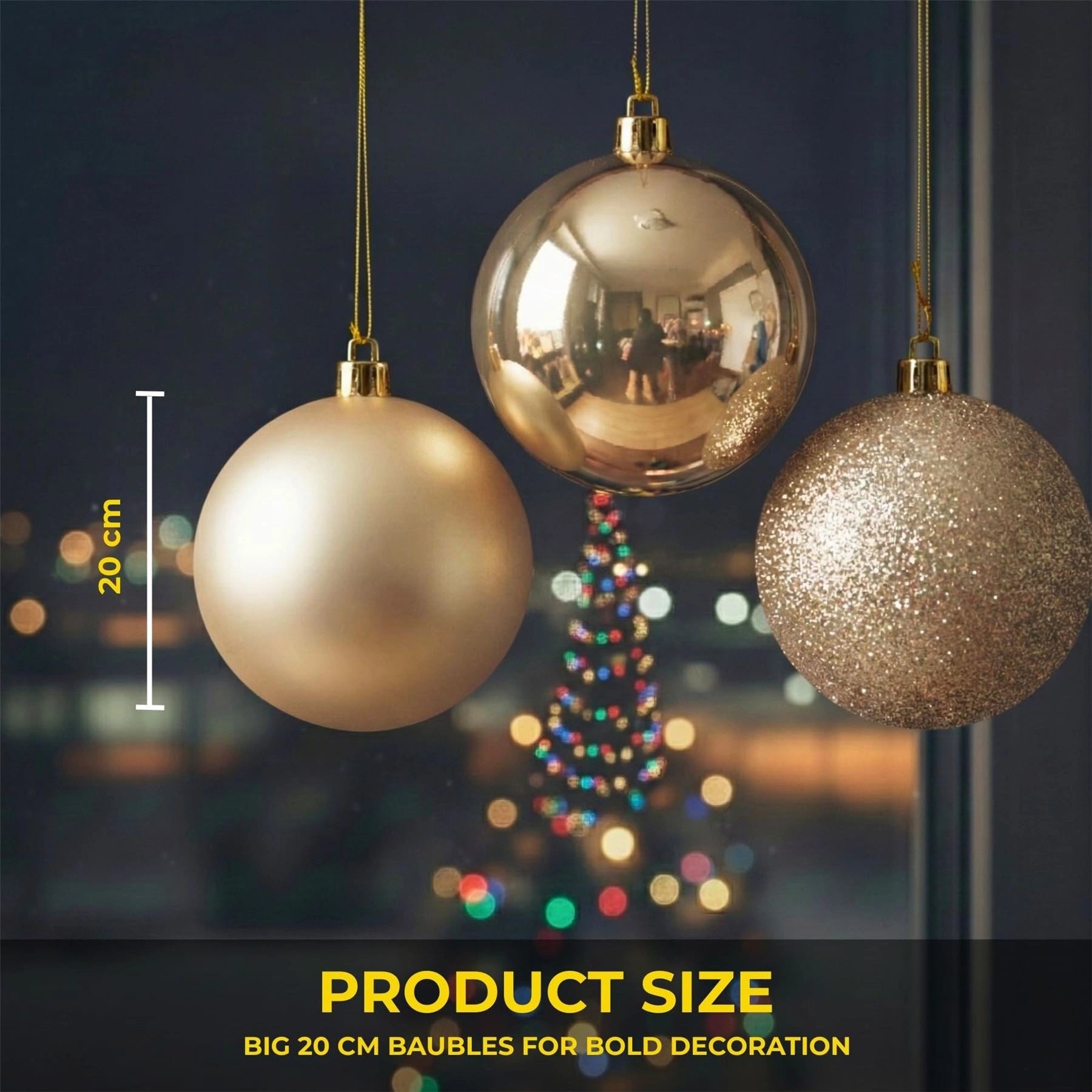 20cm Champagne Christmas Baubles – Assorted 3-Pack (Matt & Glitter, Shatterproof)