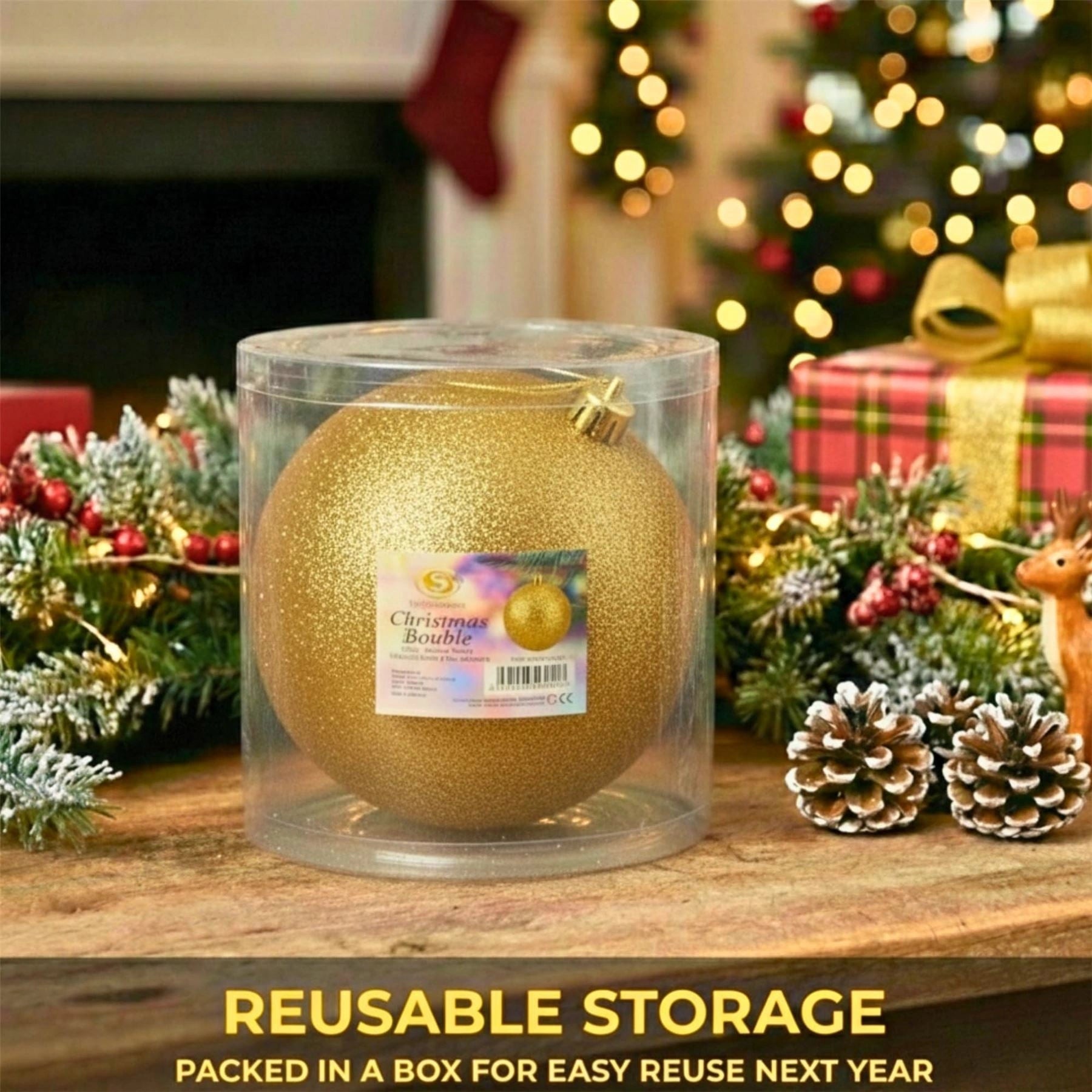 25cm Deep Gold Christmas Bauble – Glitter Finish, Shatterproof