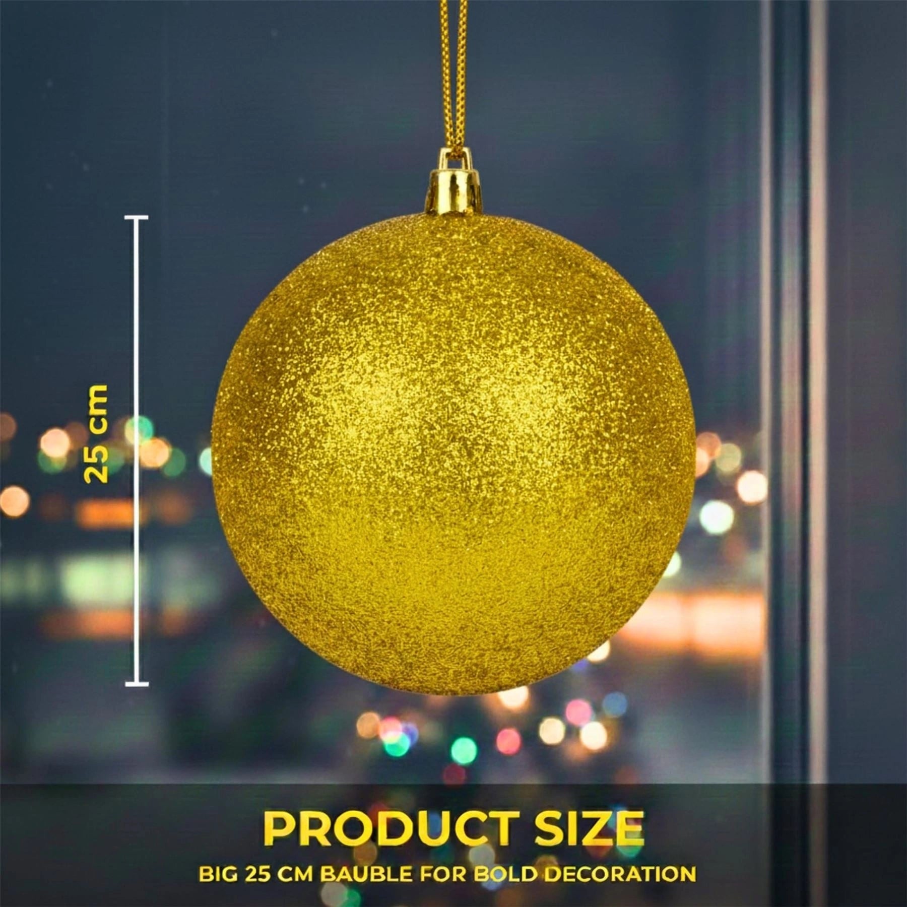 25cm Deep Gold Christmas Bauble – Glitter Finish, Shatterproof